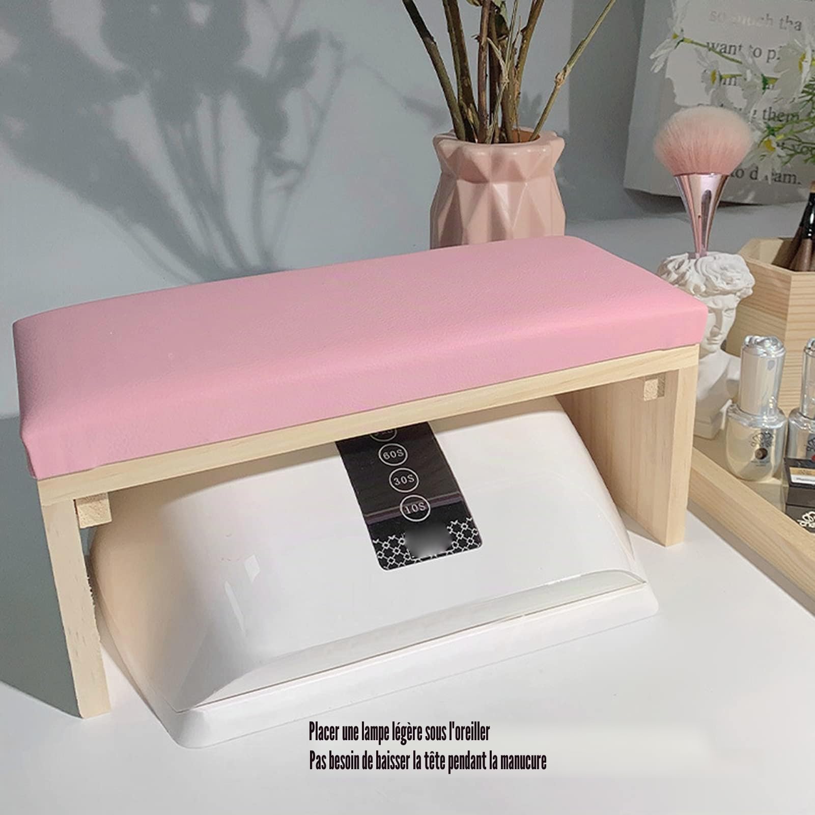 Wakects Support de Manucure, Coussin Repose-poignet en Cuir avec Pied en Bois, Accessoire d'Art des Ongles, Rose