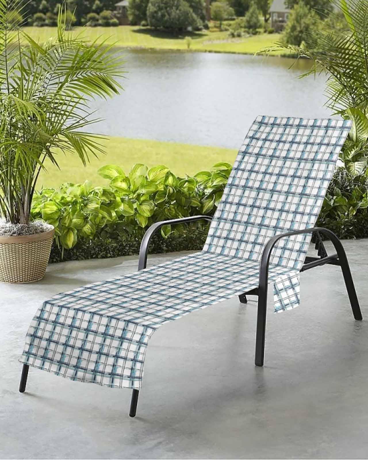 Beach Pool Patio Lounge Chaise Chair Cover Towel with Pockets,Buffalo Plaid Blue Absorbent & Quick Dry Microfiber Towel Cover Bag Summer Travel Accessories Shabby Chic Grid Gingham Lattice