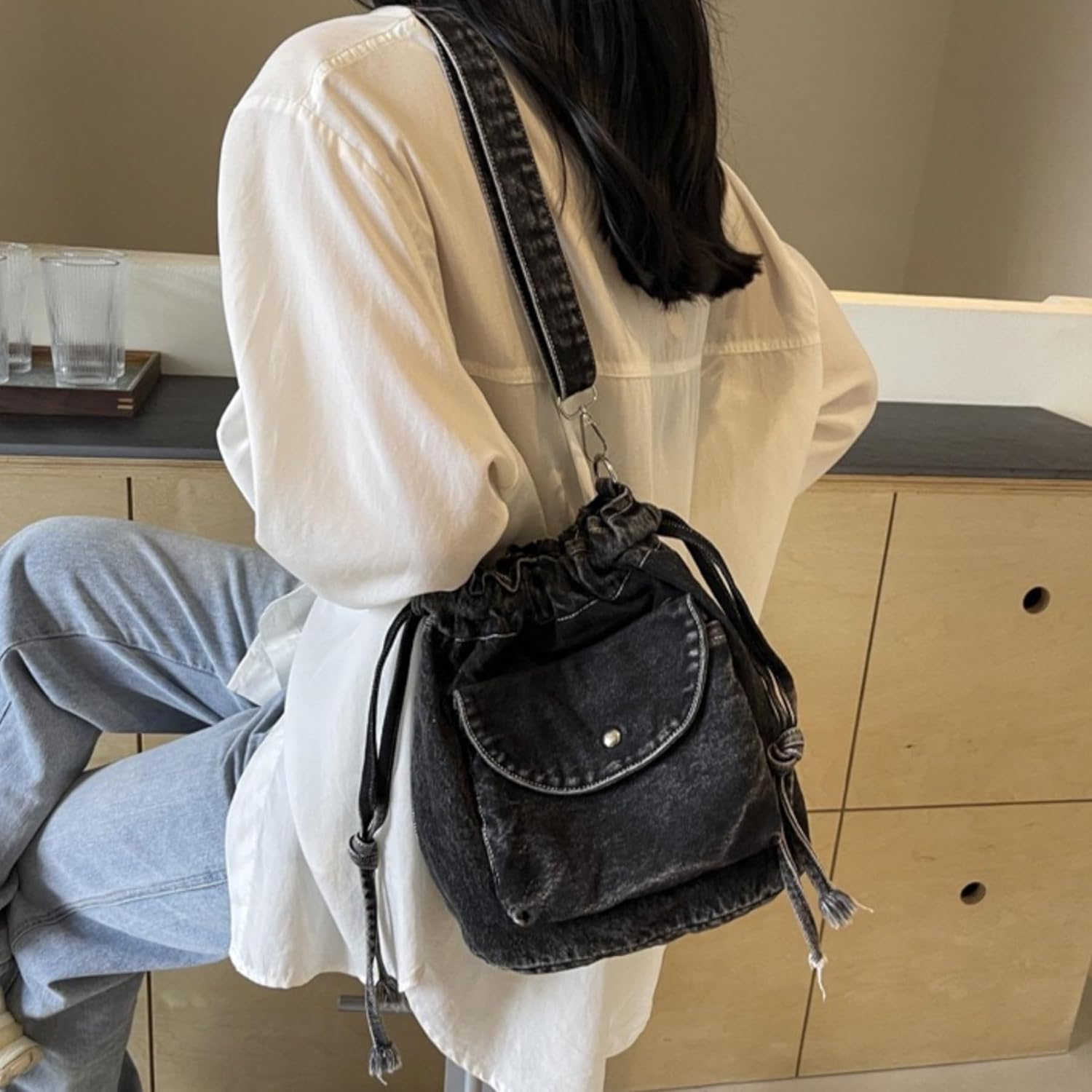 Denim Crossbody Bag Small Drawstring Phone Bag Casual Bucket Purse Shoulder Messenger Bag