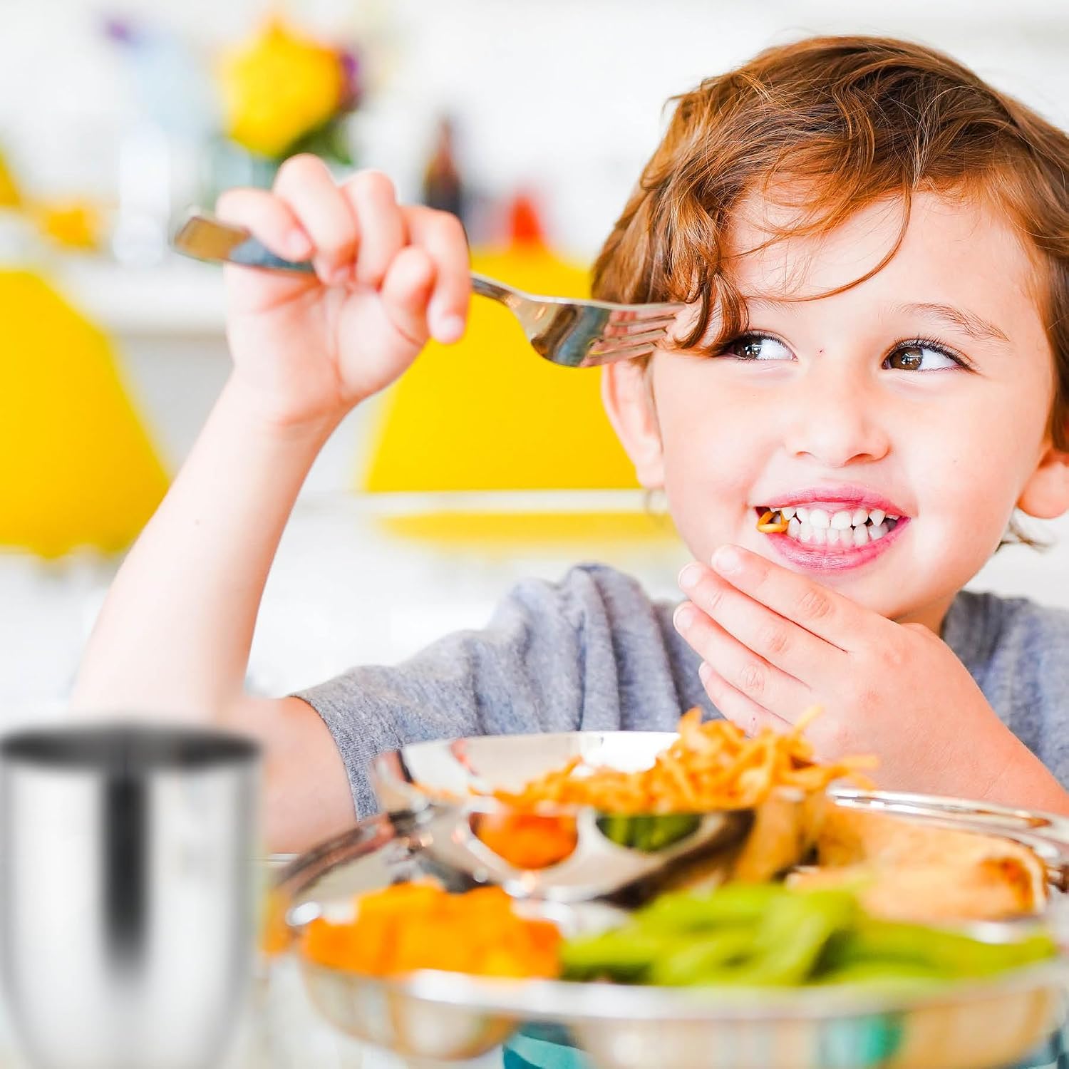 Ahimsa Stainless Steel Kids Plates and Utensils Set | 2 Classic Silver Divided Plates + 2 Classic Silver Utensil Sets (Fork + Spoon) | Non Toxic, Durable Toddler Plate & Kids Silverware