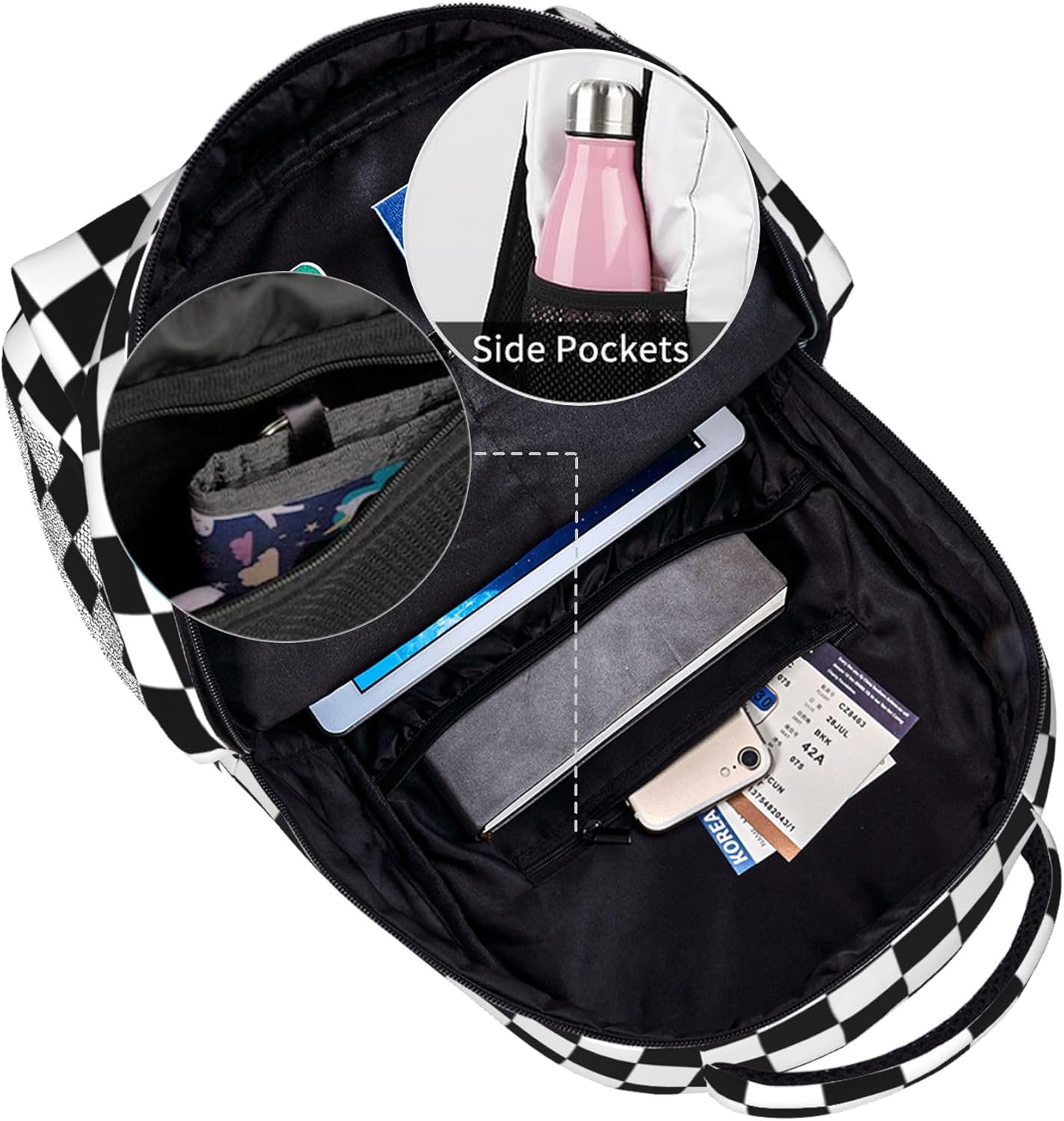 Colorful Multi Pocket Backpack Set School Bookbag with Lunch Bag Lightweight Pencil Case Pouch Bag (Checkered, One Size) - Image 4