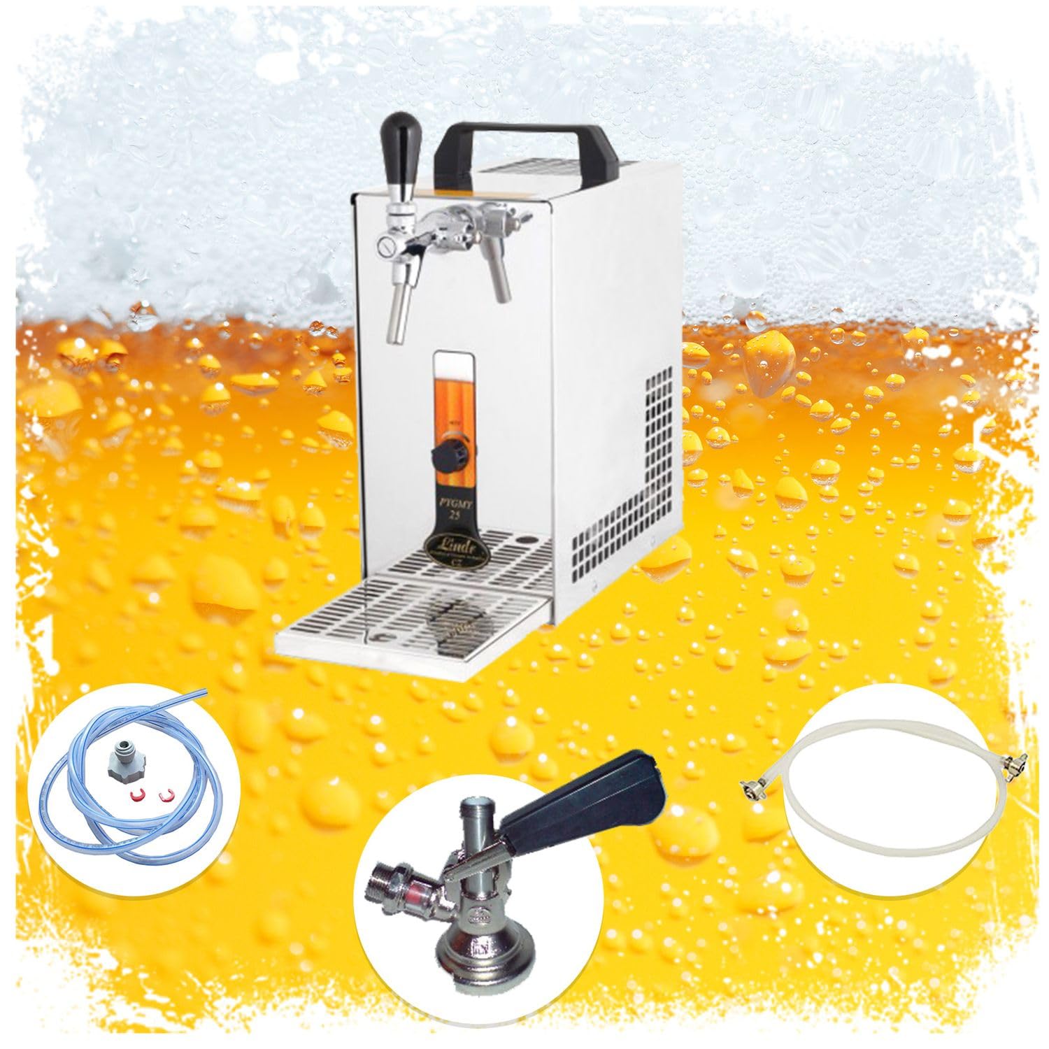 ich-zapfe Set completo – Impianto di spillatura per birra, pigne PYGMY 20/K con pompa a membrana, refrigeratore a secco a 1 condotto in acciaio inox, 25 litri/h, Green Line, testa di spillo: cestino