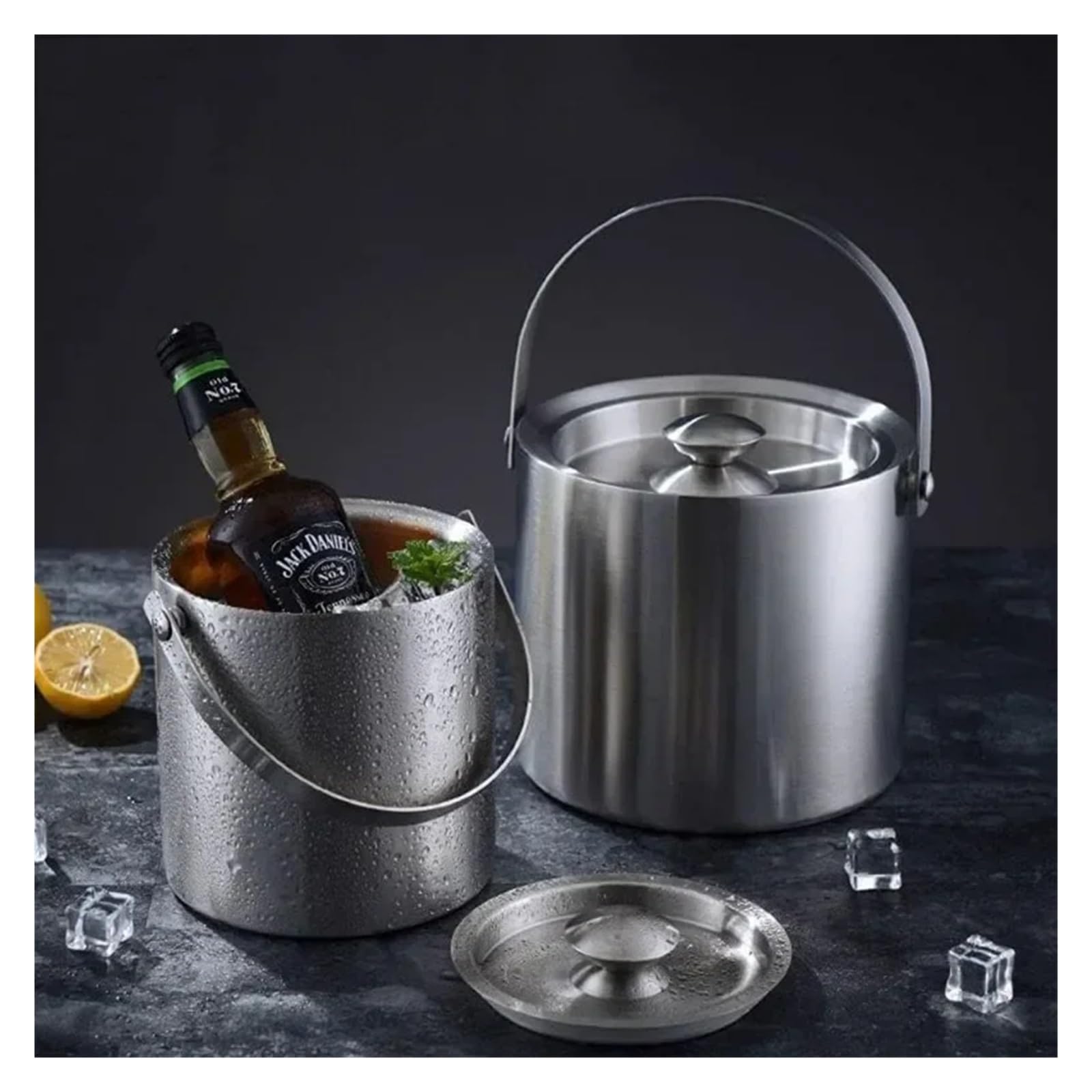 Cubo de hielo de 2,0 l/3,0 l con tapa, colador y pinzas, de acero inoxidable de doble pared, con aislamiento, contenedor de hielo, enfriador y buen sellado. para Bar, Cumpleaños, Fiestas(1PC 3L)