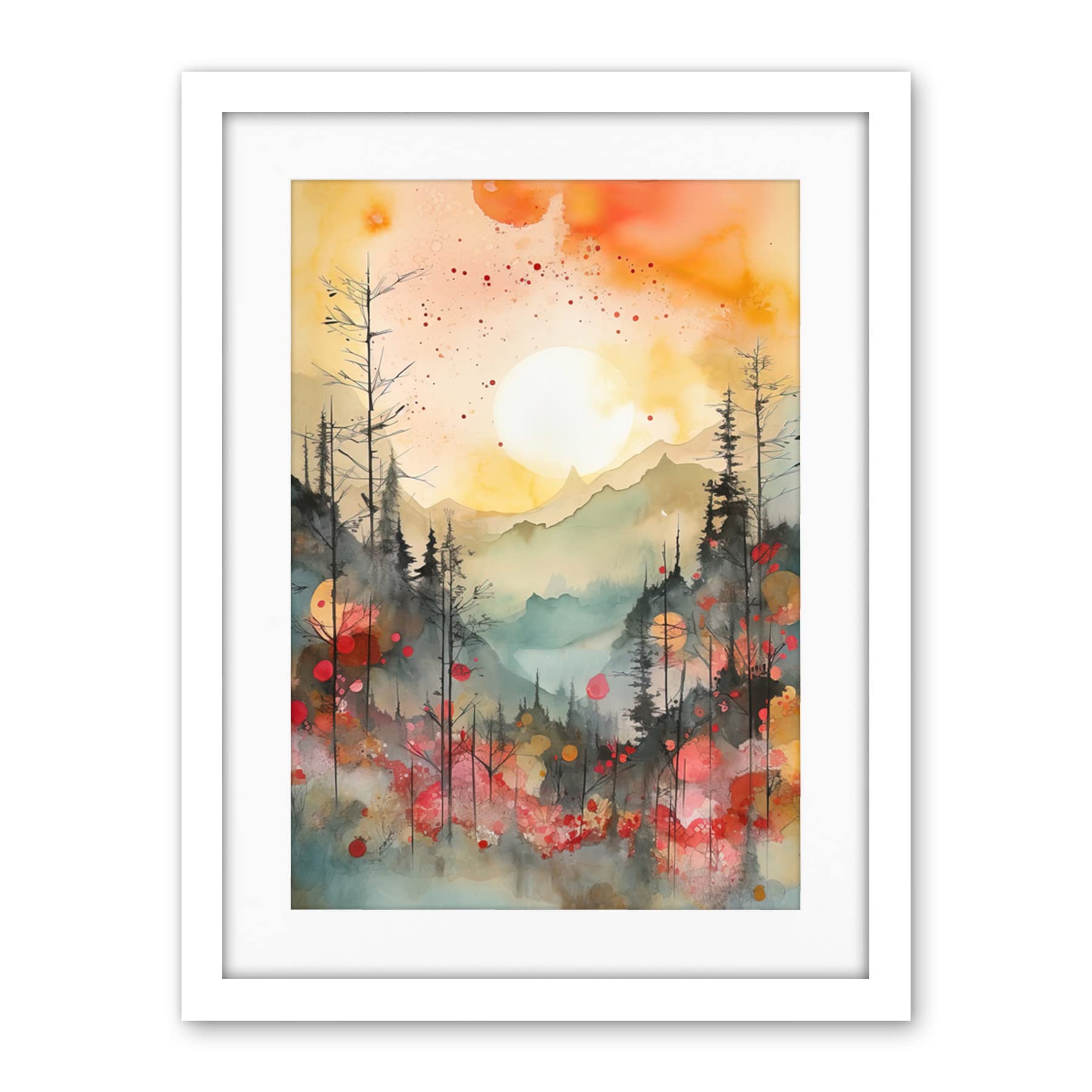 Artery8 Sunrise Over Misty Mountain Forest Landscape Modern Watercolour Painting Artwork Framed Wall Art Print 18X24 Inch