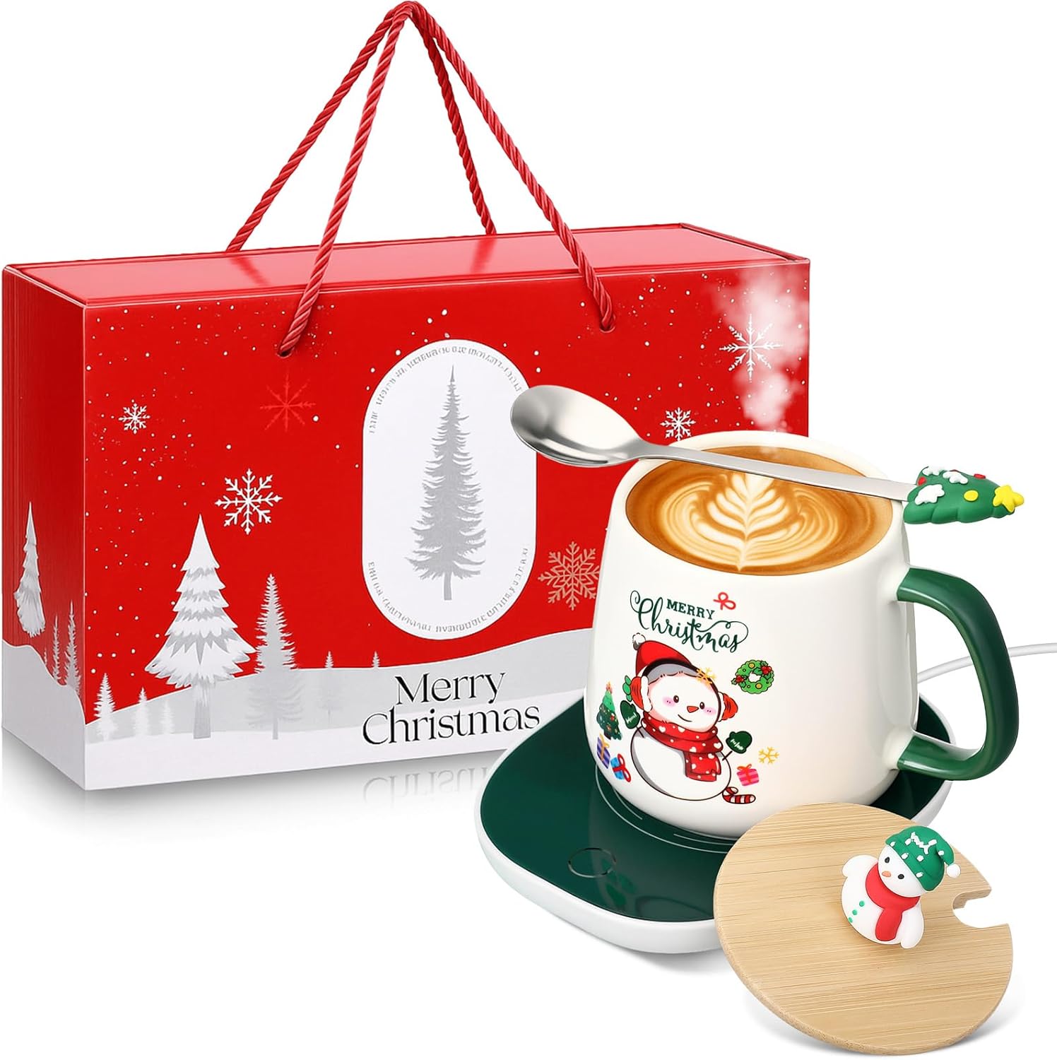 Tioncy Christmas Coffee Mug Warmer Gift Set 17 oz Ceramic Tea Cup Coffee Warmer with Spoon Electric Mug Heater Temperature Control for Office Women Birthday (White,Red Snowman) White Red Snowman