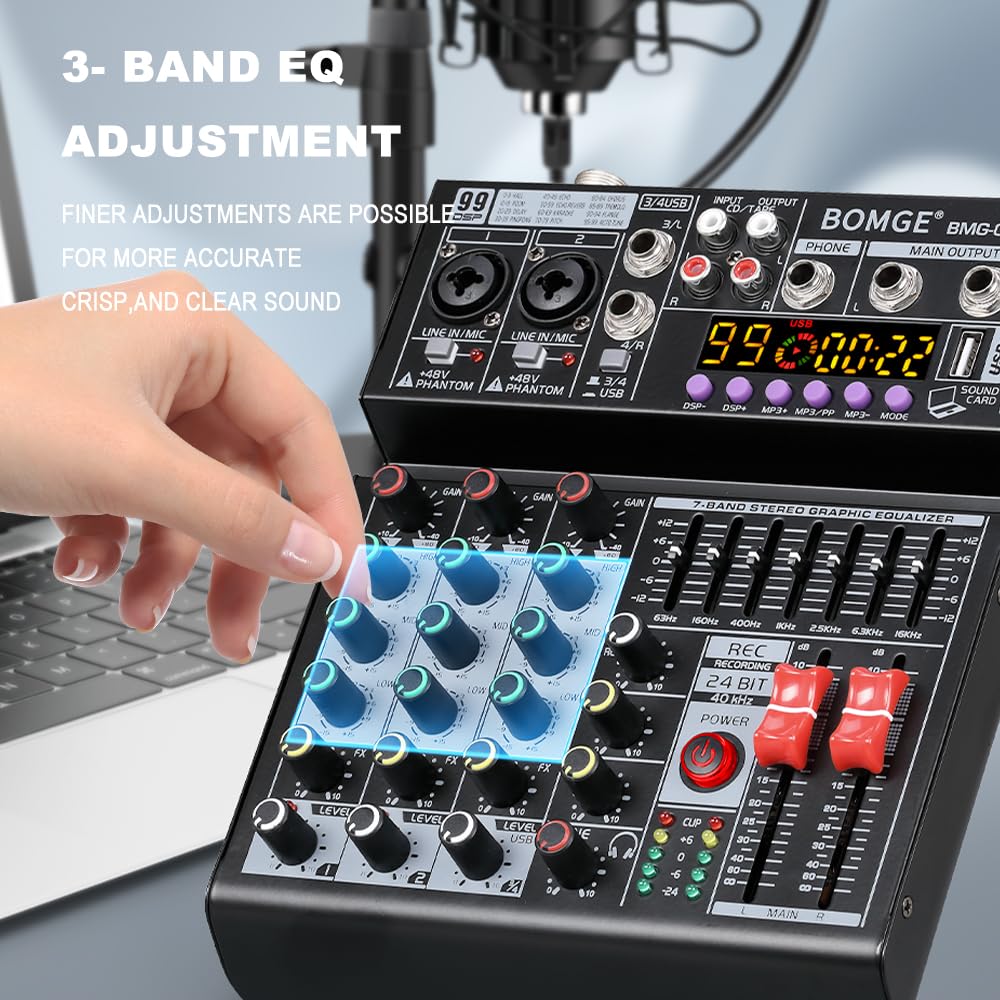 BOMGE Mezclador de audio 04A, consola de mezcla de placa de sonido profesional con USB/Bluetooth/computadora/mezclador de DJ de entrada estéreo de 4 canales, efecto Phantom Digital 99 DSP de 48 V para