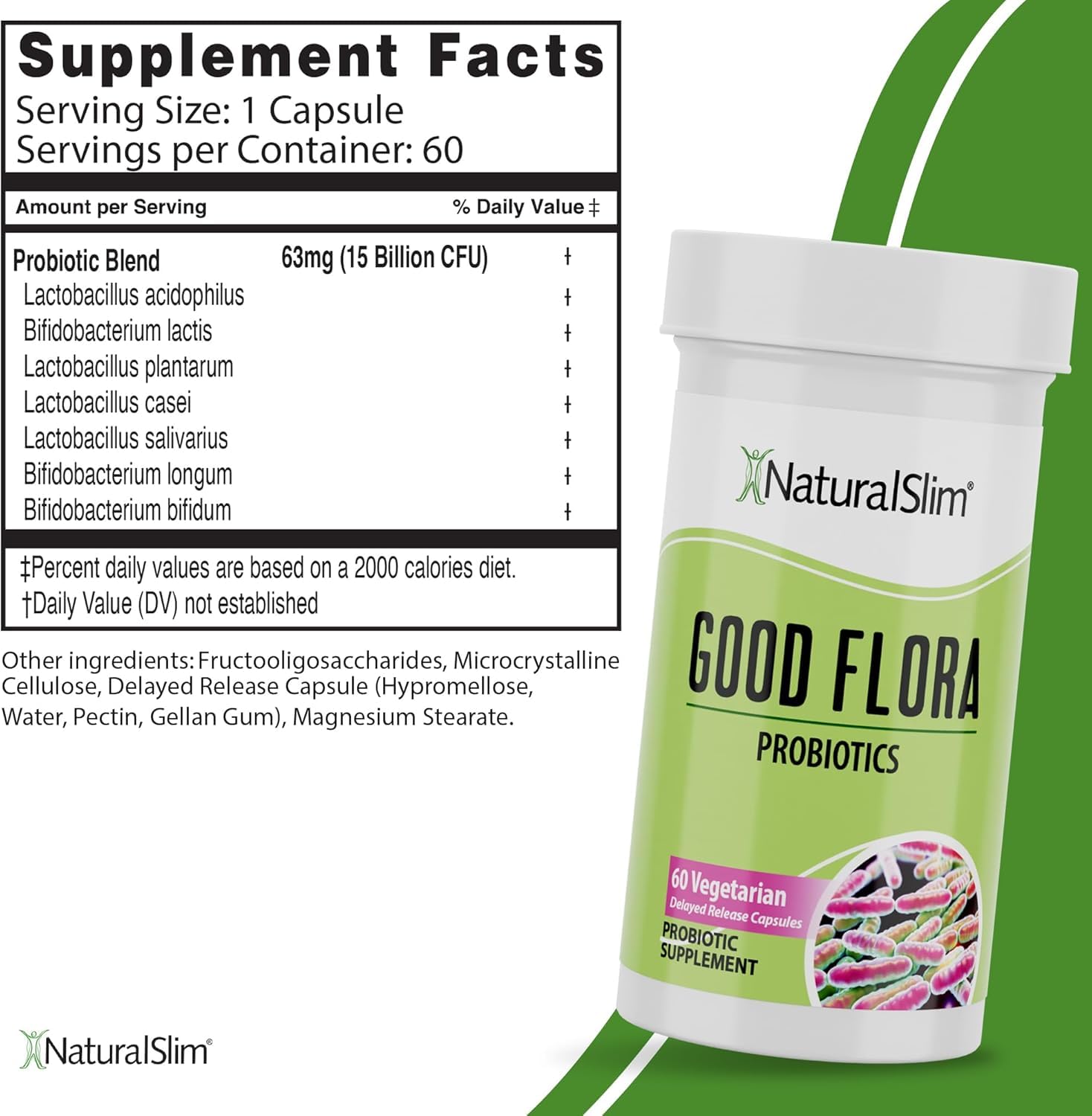 NaturalSlim Good Flora Probióticos intestinales y Enzimas Digestivas, Suplemento Natural para una Flora Intestinal Equilibrada, Digestión y Bienestar General, 7 tipos de probióticos, 60 Cápsulas