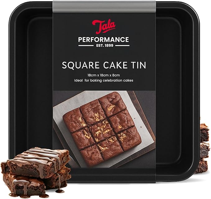 Tala Quadratische Backform mit Hebeboden 19,4 x 19,4 cm, Karbonstahl, doppelte Antihaftbeschichtung, ofenfest bis 240 C, spuelmaschinengeeignet