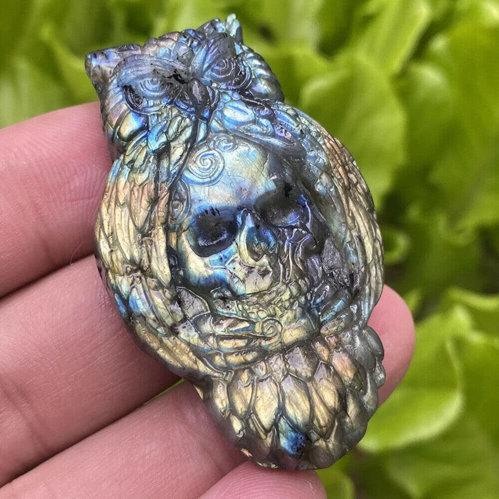 TEAMWILL 1PC Natural Labradorite Quartz Crystal Carved Owl Skull Specimen Reiki Healing Gift