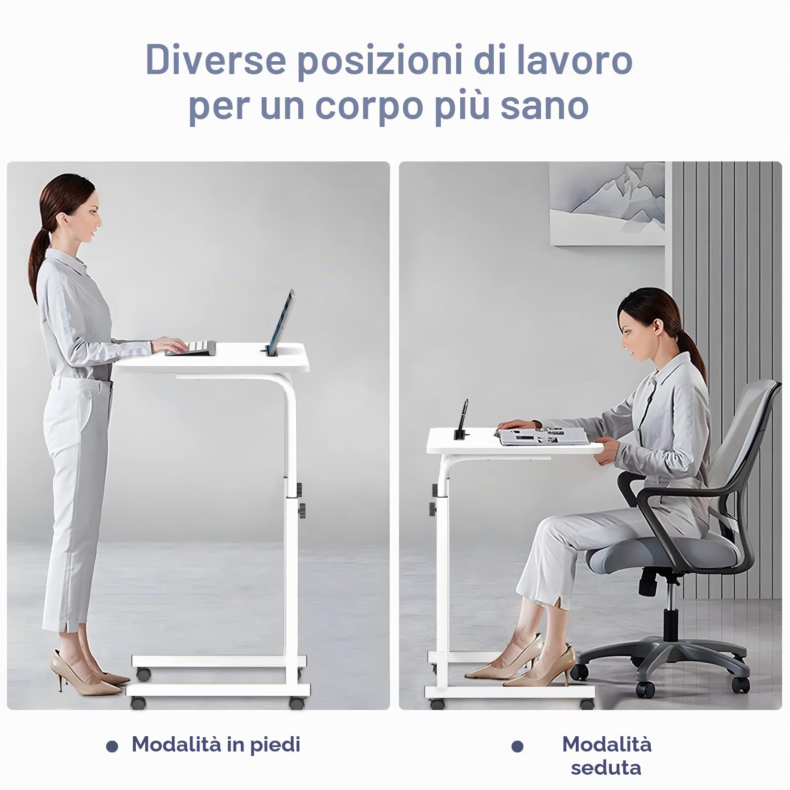 Scrivania Mobile con Ruote per Computer, Regolabile in Altezza, Tavolino da Letto con Slot per Schede, 80x40x69-90cm