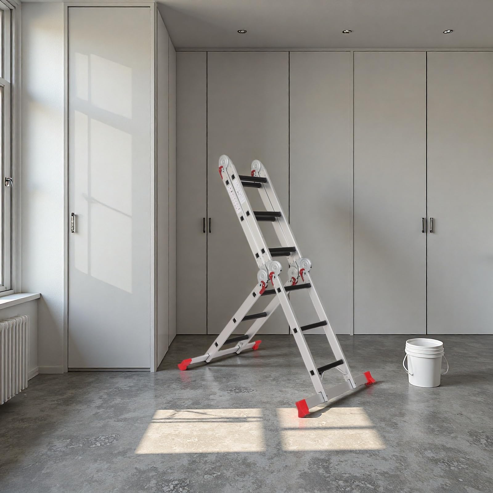 AMHANCIBLE Échelle Multifonction 3.4m Aluminium, avec 2 Plateaux de Travail | Échelle Pliante 4x3 Marches, Échelle Polyvalente Jusqu'à 150 kg, 7-en-1, pour Grenier, Maison, Bricolage Léger, EBAL01RD