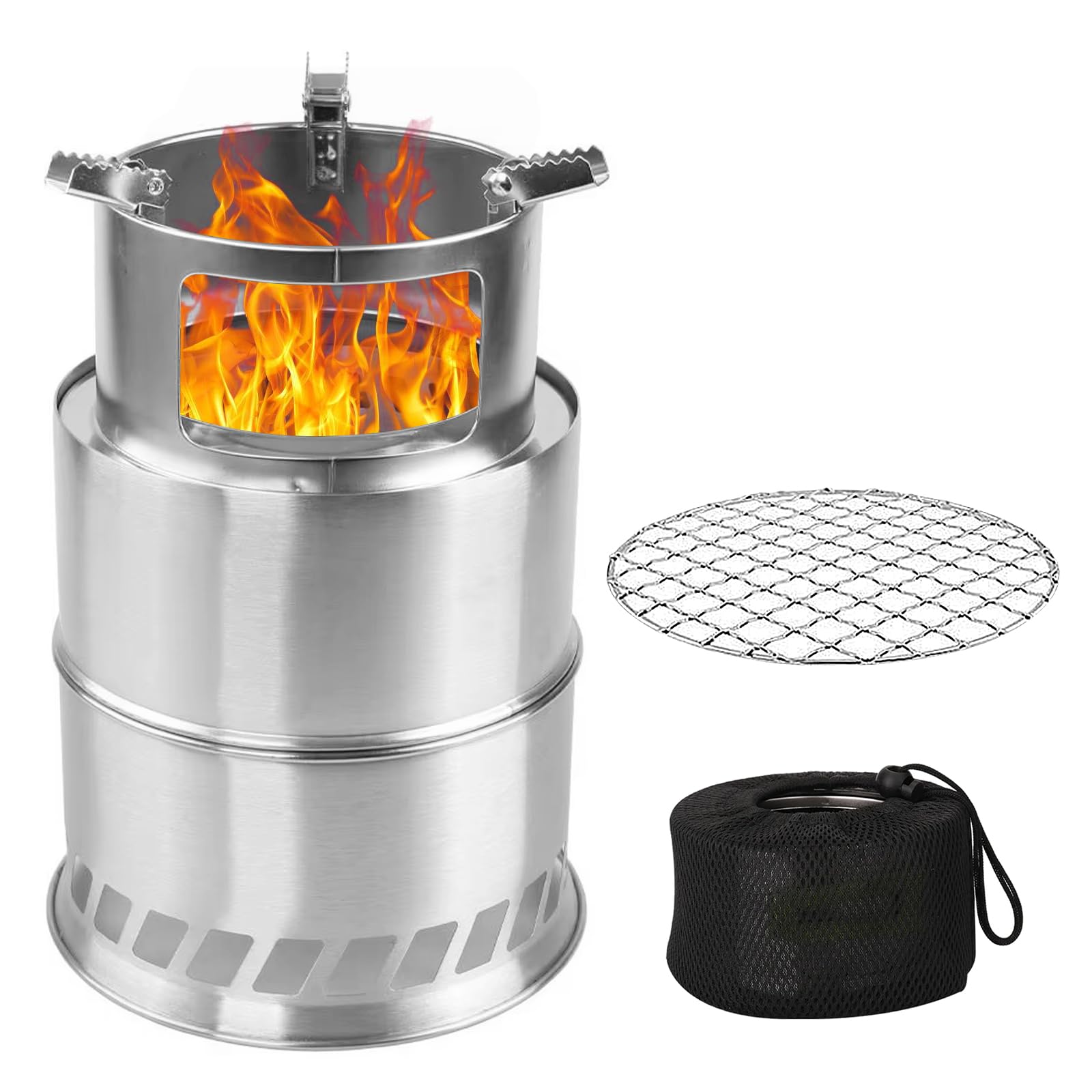 Stufa a legna portatile da campeggio con piastra a rete per barbecue, fornello Hobo in acciaio inox, borsa per il trasporto, pieghevole e antivento