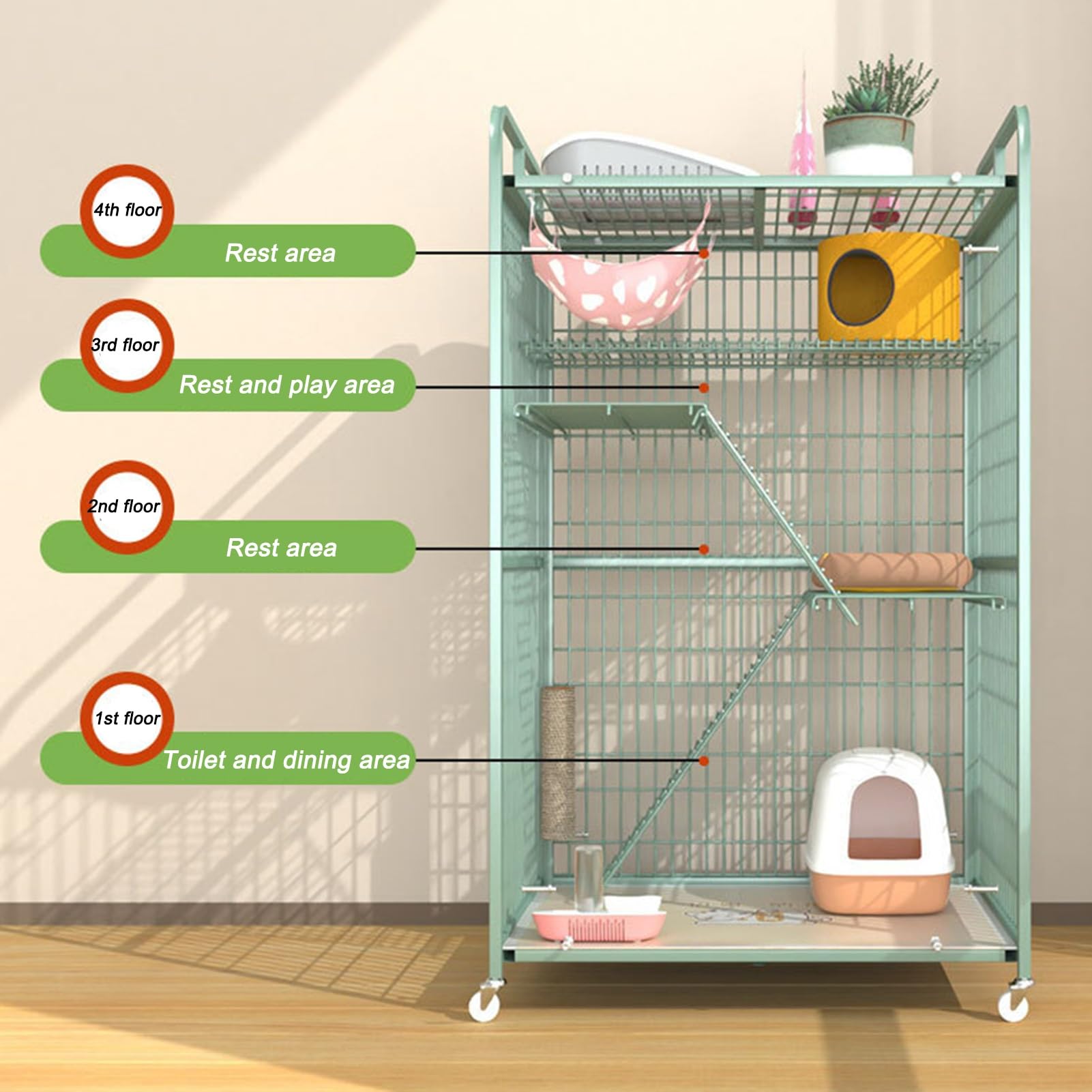 HARELA Jaula para Gatos, Parque de Metal para Gatos, Jaula para Gatos Grande Exterior/Interior, Perrera para 1-3 Gatos, Hurón, Conejo, Camping,Verde(70 * 55 * 112cm)