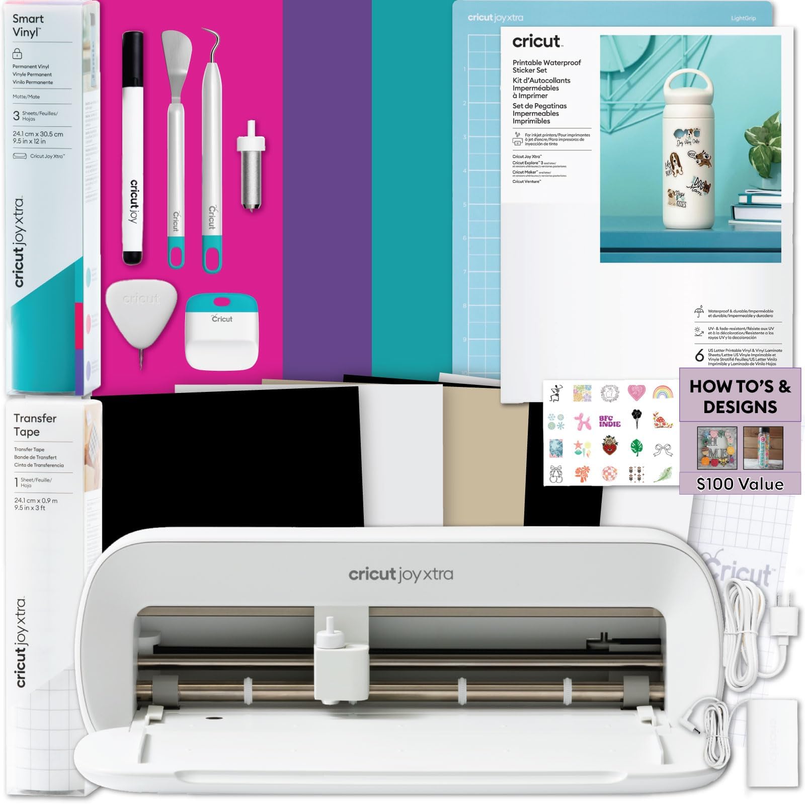 Joy Xtra Machine With Printable Sticker Paper And Vinyl Sampler Bundle - Ultimate Decal Making Kit Cutting For Beginners -Diy Water Bottle Stickers Laptop Decals