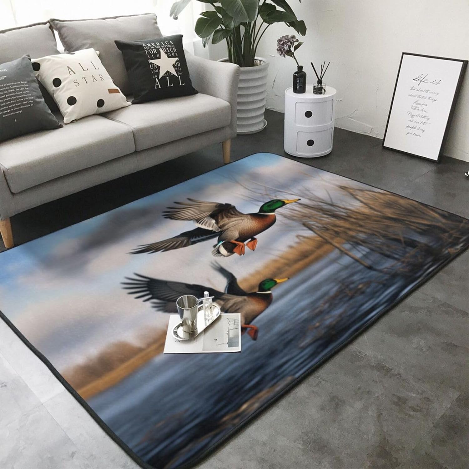 Flannel Non-Slip (Hunting Flying Wild Ducks) Rug Pad 80×50in Soft Washable Protective for Hardwood Floors Bedroom Bathroom Living Room