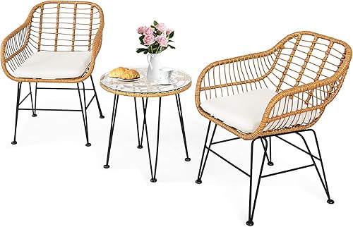 Miniatura 1 de HAPPYGRILL Juego de 3 sillas de ratán para patio mesa de centro redonda de cristal juego de muebles de bistró juego de conversación con cojines para