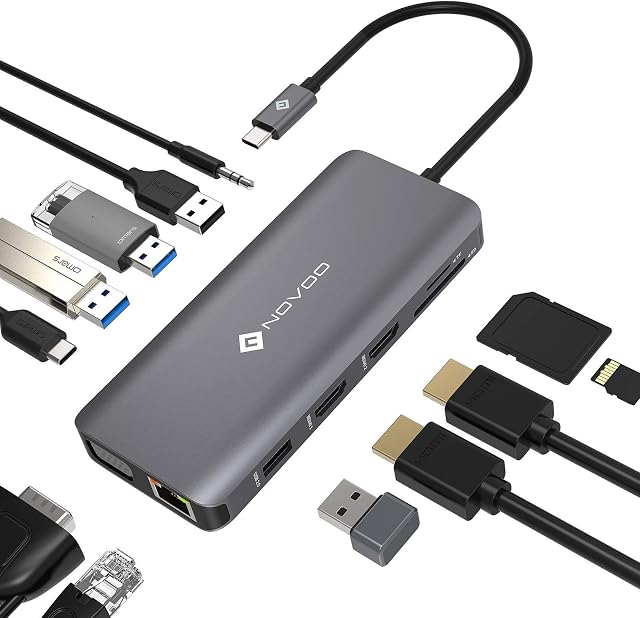 NOVOO Stacja dokująca, 12 w 1 USB C Potrójny wyświetlacz USB C Hub wieloportowy Adapter z 2 4K HDMI, VGA, Ethernet, USB C na 4 USB, 100W PD, Docking Station do MacBooka/Dell/Surface/HP