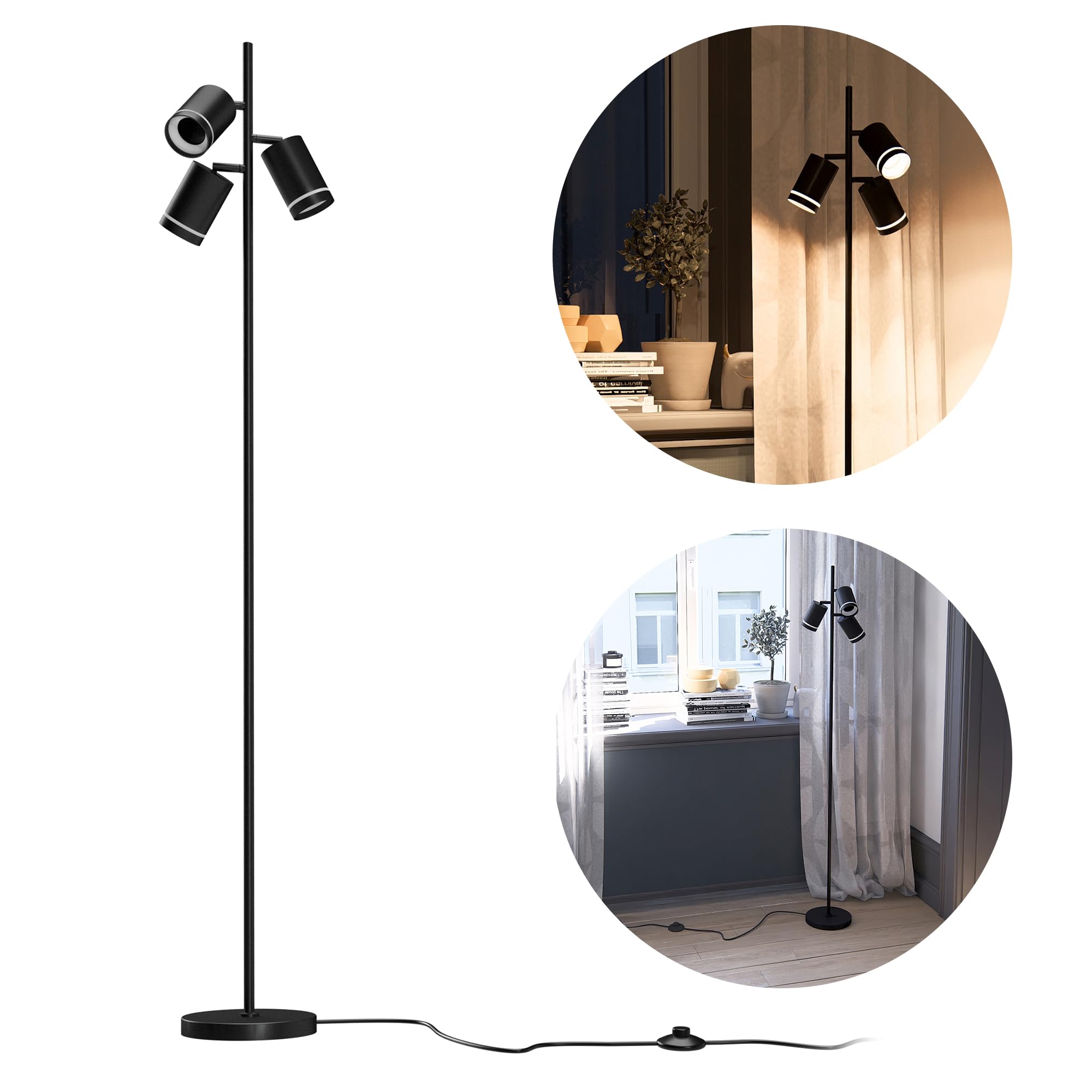 linovum TAVIRA Stehleuchte Wohnzimmer 3-flammig - moderne Standlampe schwarz drehbar mit Fußtaster für 3x GU10 Leuchtmittel