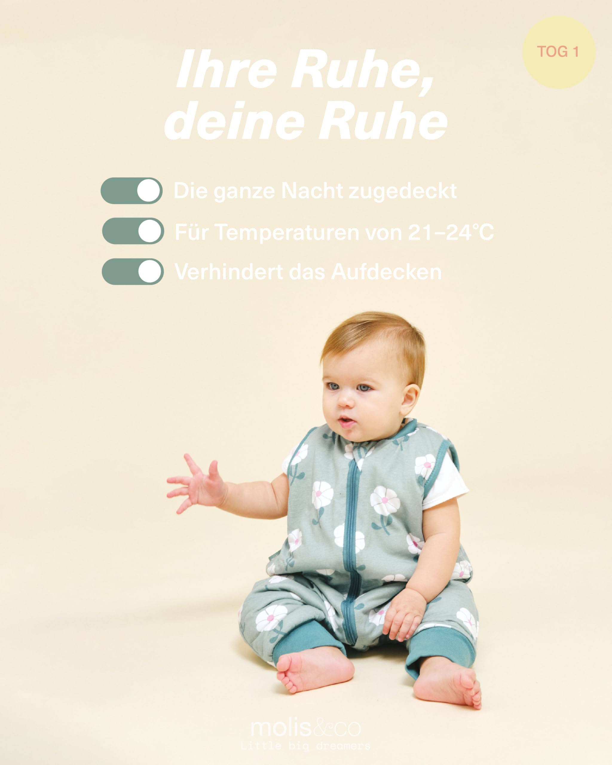 molis&co - Baby Schlafsack mit Füßen - Ideal für Frühling und Herbst - Babyschlafsack mit Füßen 1 tog - Leicht gepolstert - 100% Baumwolle (Oeko-TEX 100), Premium Qualität - Sakura Garden (120 cm)