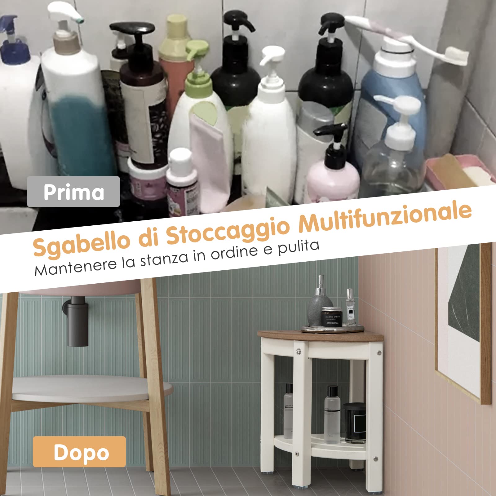 COSTWAY Sgabello Doccia, Sedia da Bagno Angolare in Polietilene con Ripiano, Sedile Multiuso a 2 Livelli per Uso Interno o Esterno, 32,5x32,5x43,5 cm, Capacità di Peso 150 kg (Marrone)