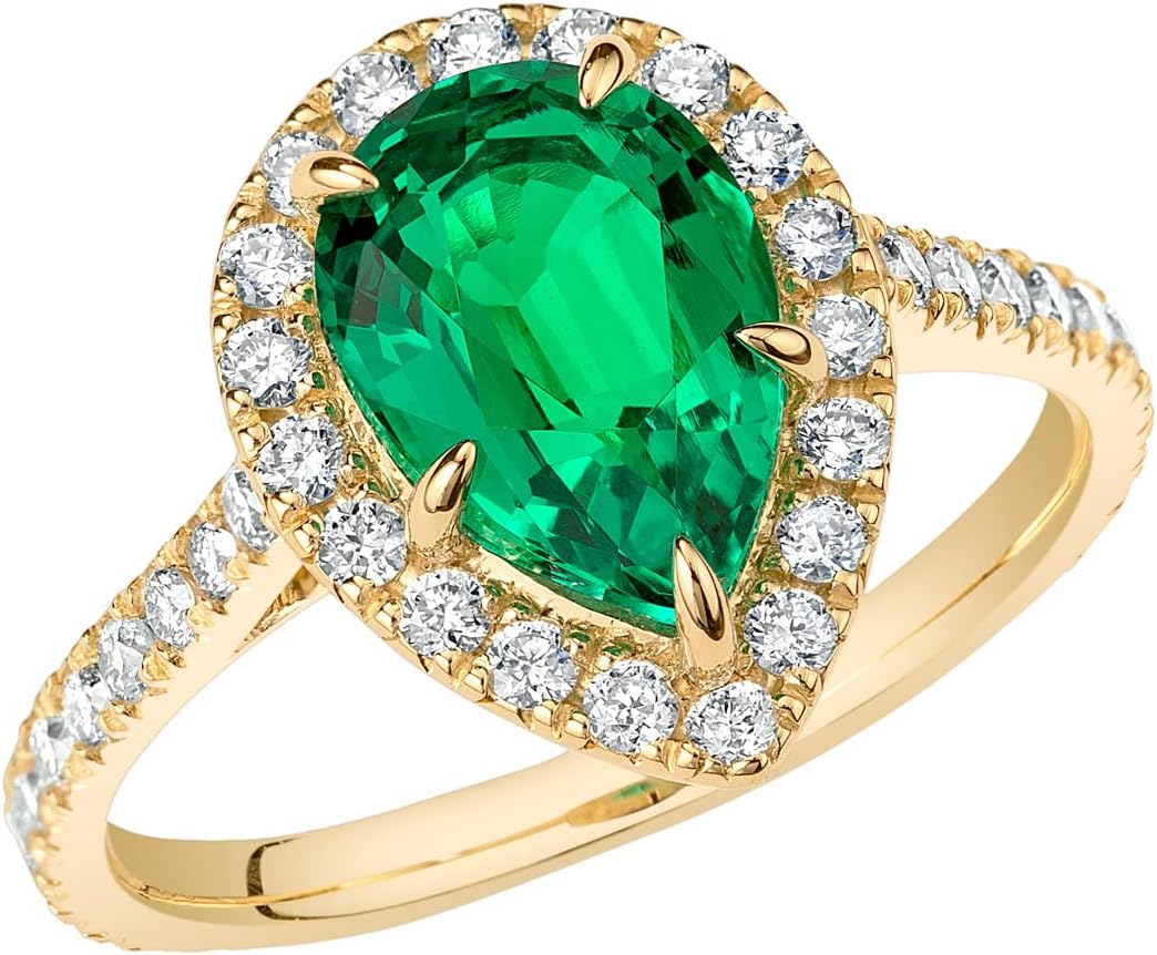 PEORA 2.75 Carats Created Colombian Emerald Lab Grown Diamond Ring in 14K White or Yellow Gold, Pear Shape, Size 4 to 10