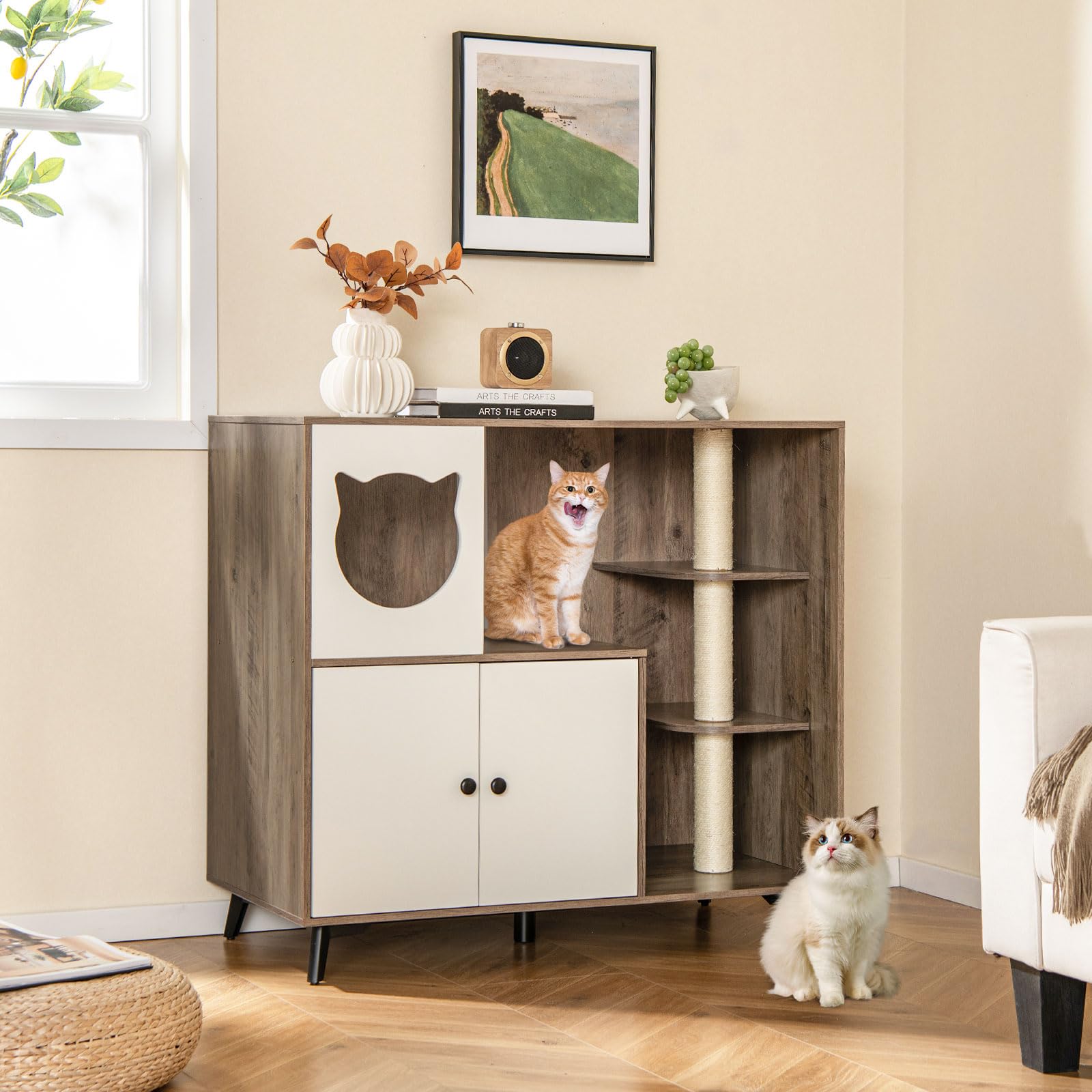 COSTWAY Mueble Arenero para Gatos con 3 Postes Rascadores de Sisal, Condominio para Gatos, Mueble para Caja de Arena 5 en 1 con Baño Oculto para Gato, Carga 30 kg, Gris y Blanco