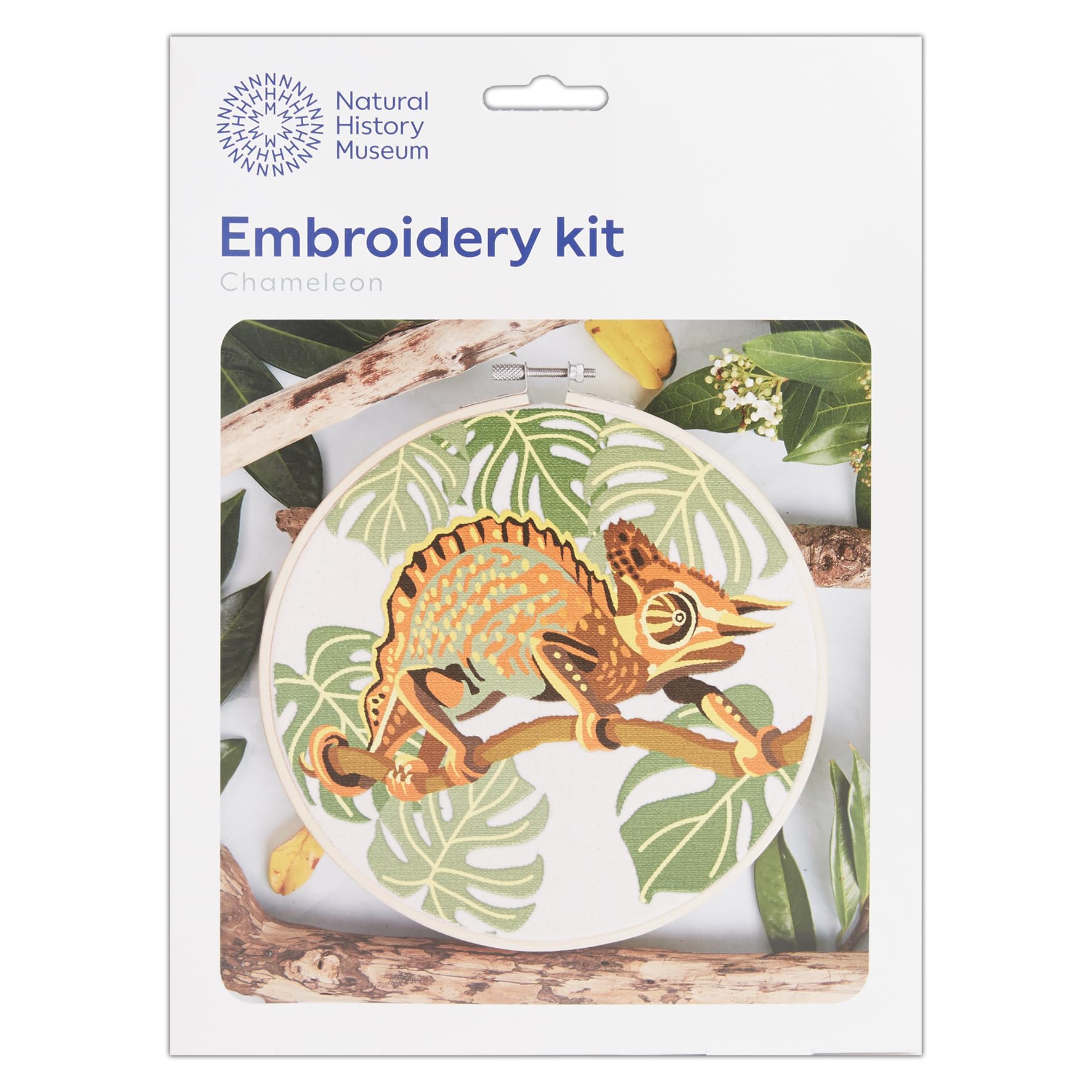NHM Natural History Museum Embroidery Hoop Decoration Kit, Chameleon Design, 8", Embroidery Kits for Adults & Cross Stitch Kits for Adults Beginners, Gift Idea, with Embroidery Pattern