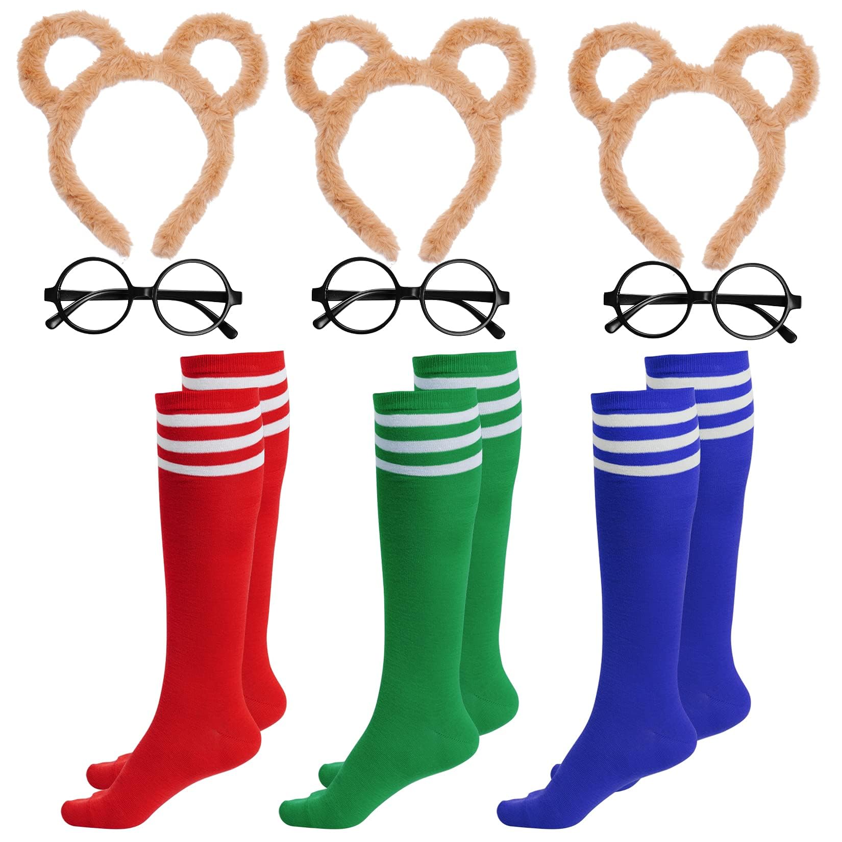 ALUNME 9 Pieces Chipmunks Costumes Set Chipmunk Ears Headband Round Frame Glasses Knee-High Socks for Halloween Costume