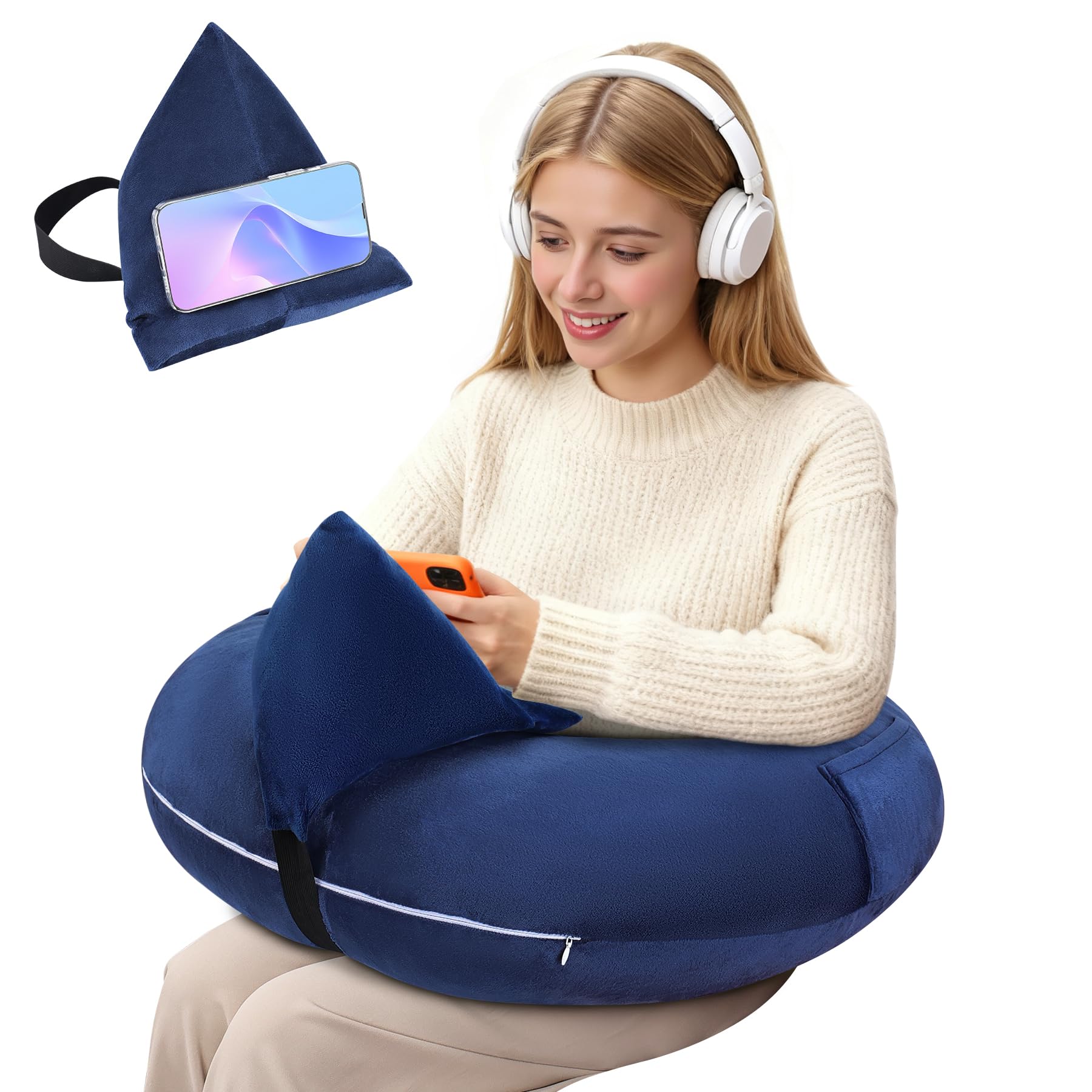 DREAMANIA Crochet Lap Support Pillow - Multi-Purpose Reading Pillow for Gaming/Working/Nursing, with Removable Extra Back Pillow for Lumbar & Back Support, Enlarged U-Shape Gaming Lap Pillow, Blue