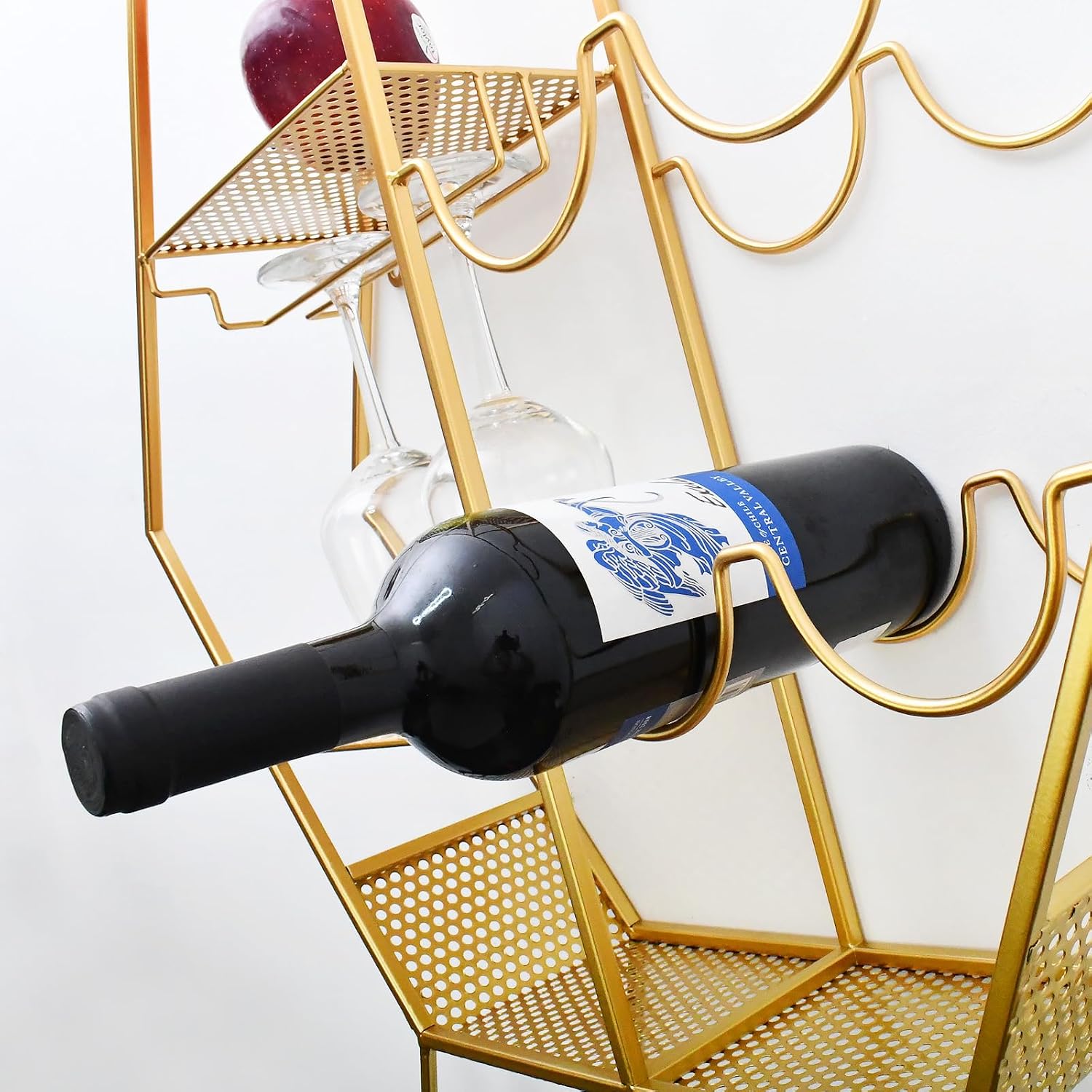Aecipl Metal Countertop Wine Rack with Glass Holder - Freestanding Iron Bottle Holder Hanging Bottles Cabinet Modern Gold Tabletop Wine Racks for Bar Pantry Counter Kitchen