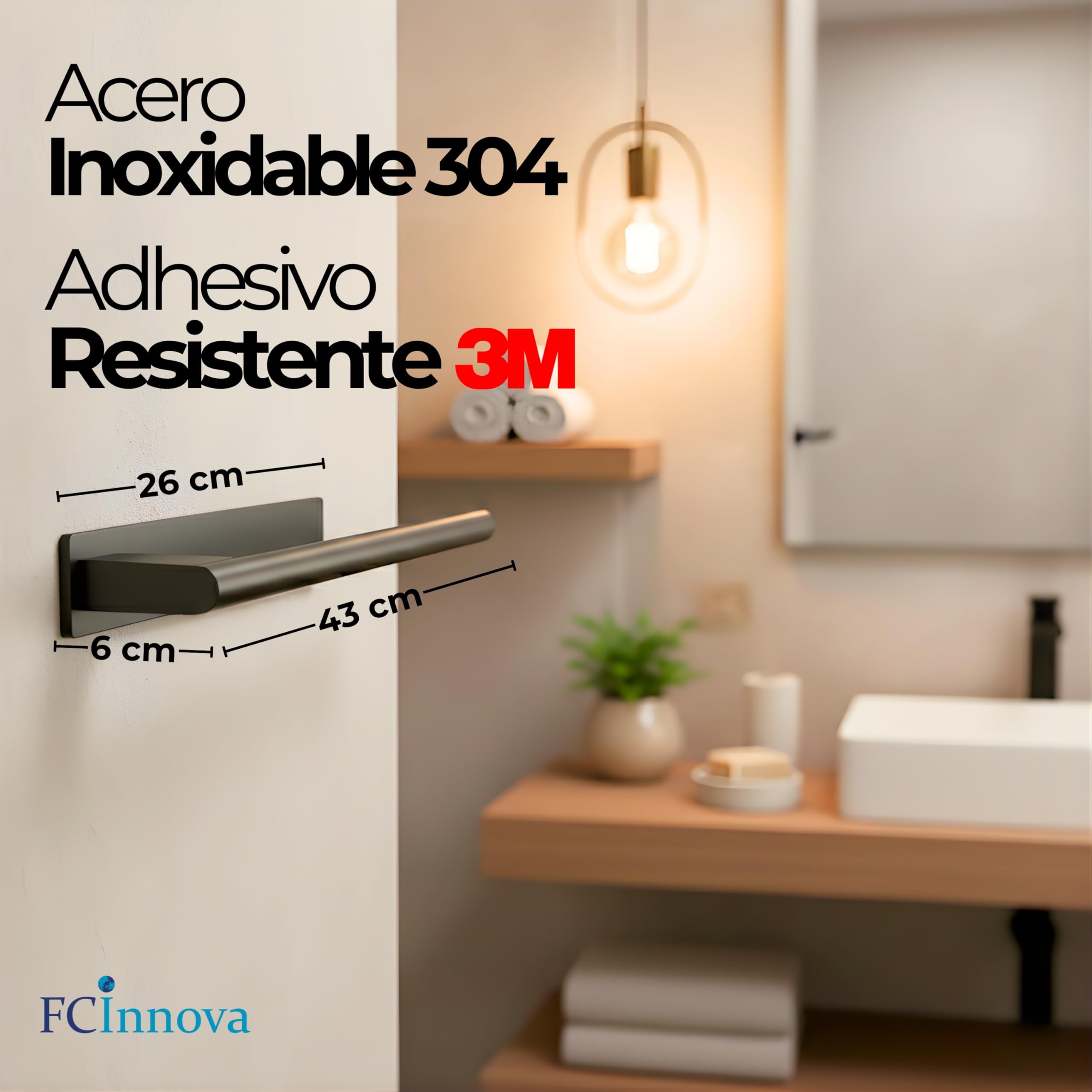 Toallero Adhesivo Baño sin Taladro Negro Mate de 43cm Fabricado en Acero Inoxidable 304 Resistente a la Humedad y al oxido Toallero sin Taladro de Facil Instalación y Fuerte fiajación Adhesiva 3M