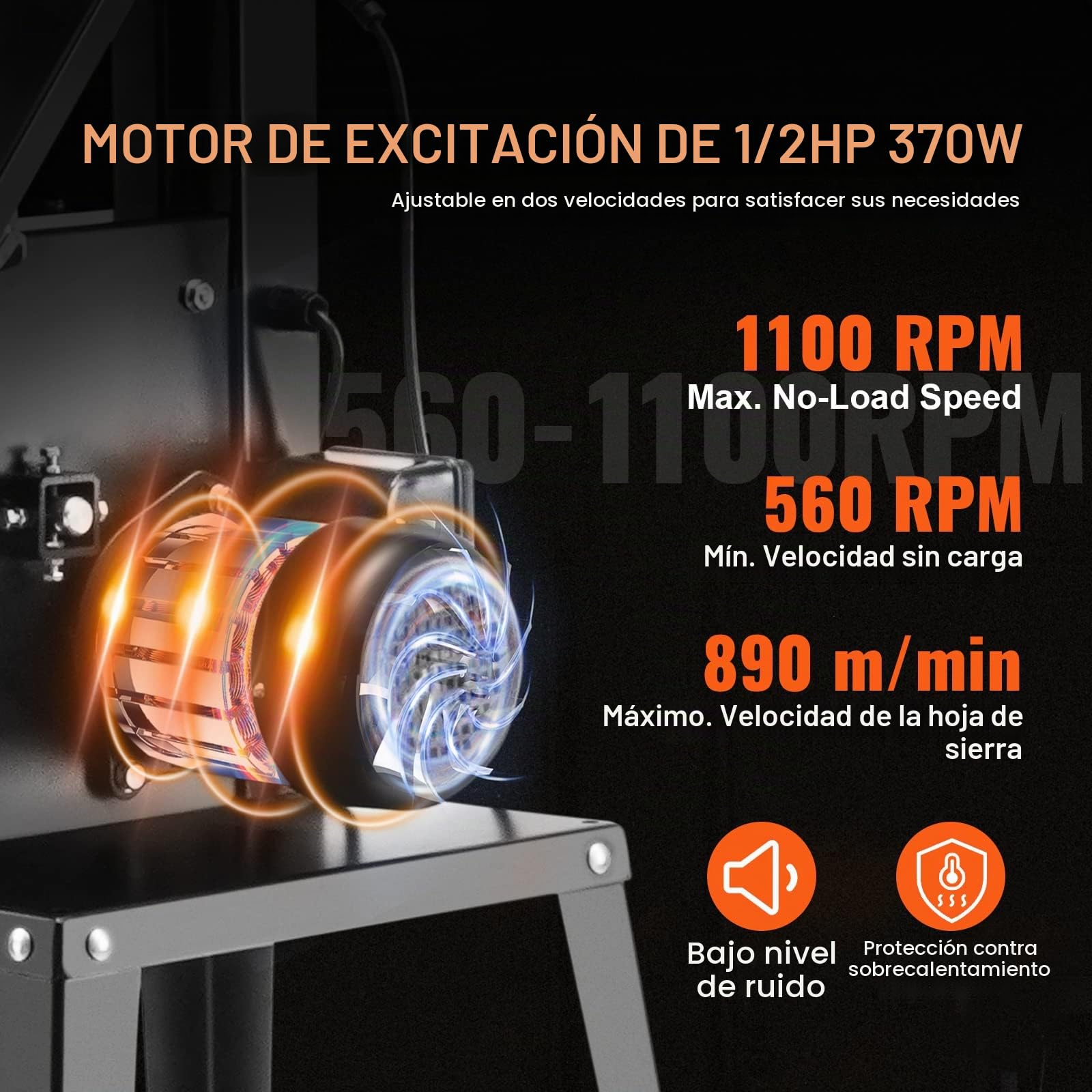 VEVOR 370 W Sierra de Cinta con Soporte de Mesa de Dos Velocidades de 506 RPM/920 RPM con Guía y Calibre de Inglete, Ancho de Garganta 245 mm, Altura de Corte de 160 mm para Carpintería, Aluminio