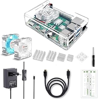 iRasptek Raspberry Pi 4 Case with Dual Cooling Fans, 5.1V 3.5A USB-C Power Supply, Micro HDMI Cable, GPIO Reference Card, and 4 Aluminum Heatsinks