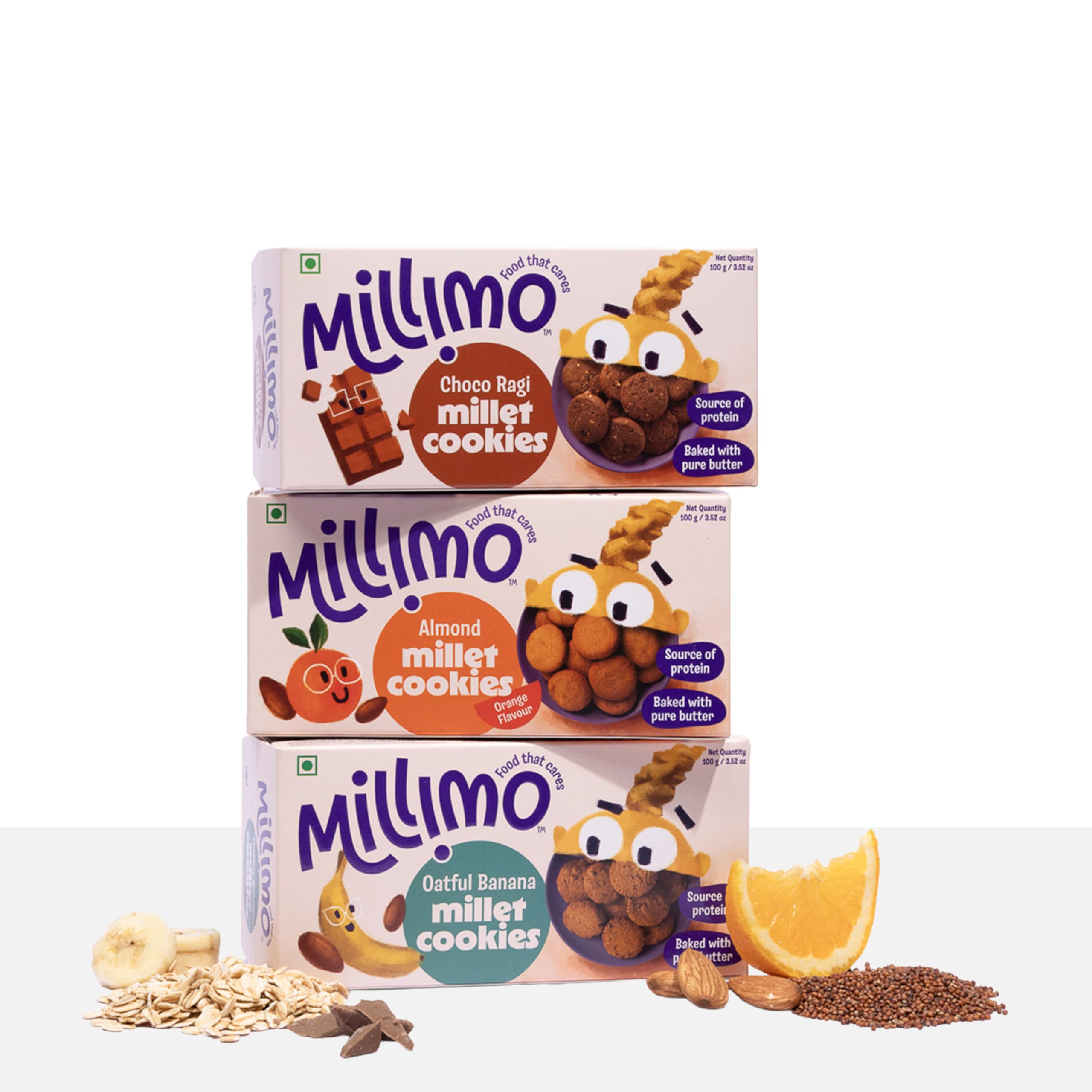 MilliMo Healthy Millet Cookies – Choco Ragi, Oats Banana & Jowar Almond (Pack of 3 × 100g) | High Protein & Fibre | No Maida, No Palm Oil | With Jaggery | Multigrain Cookies