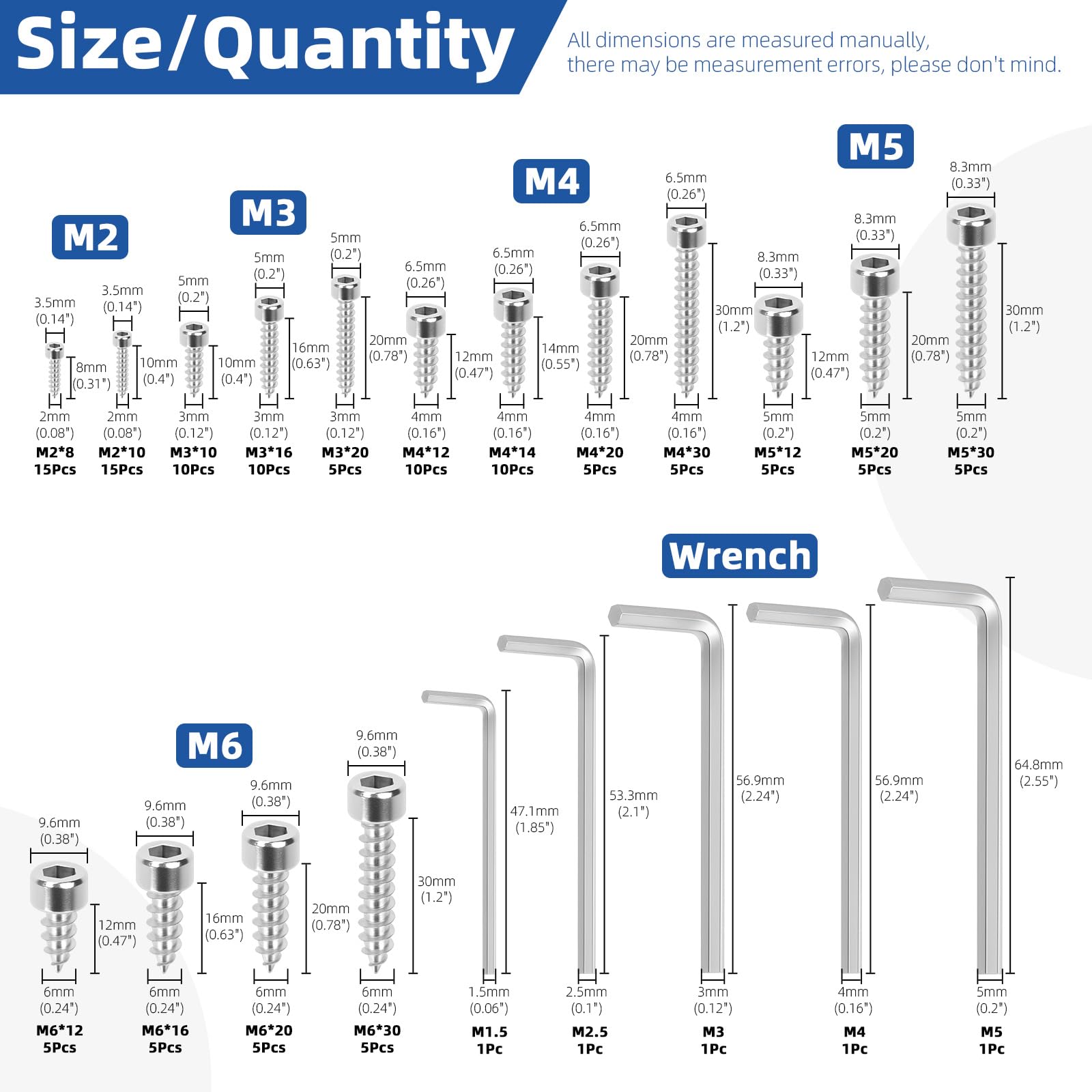 Glarks 125pcs M2/M3/M4/M5/M6 Silver Hex Socket Head Cap Self-Tapping Screw Kit - Image 2