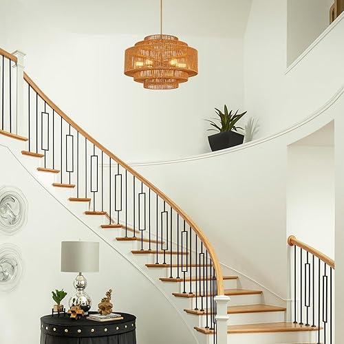 Miniatura 8 de Lámpara de araña grande de ratán bohemio de 25.59 pulgadas, de bambú, tejida a mano, lámpara de araña vintage de ratán dorado para comedor,