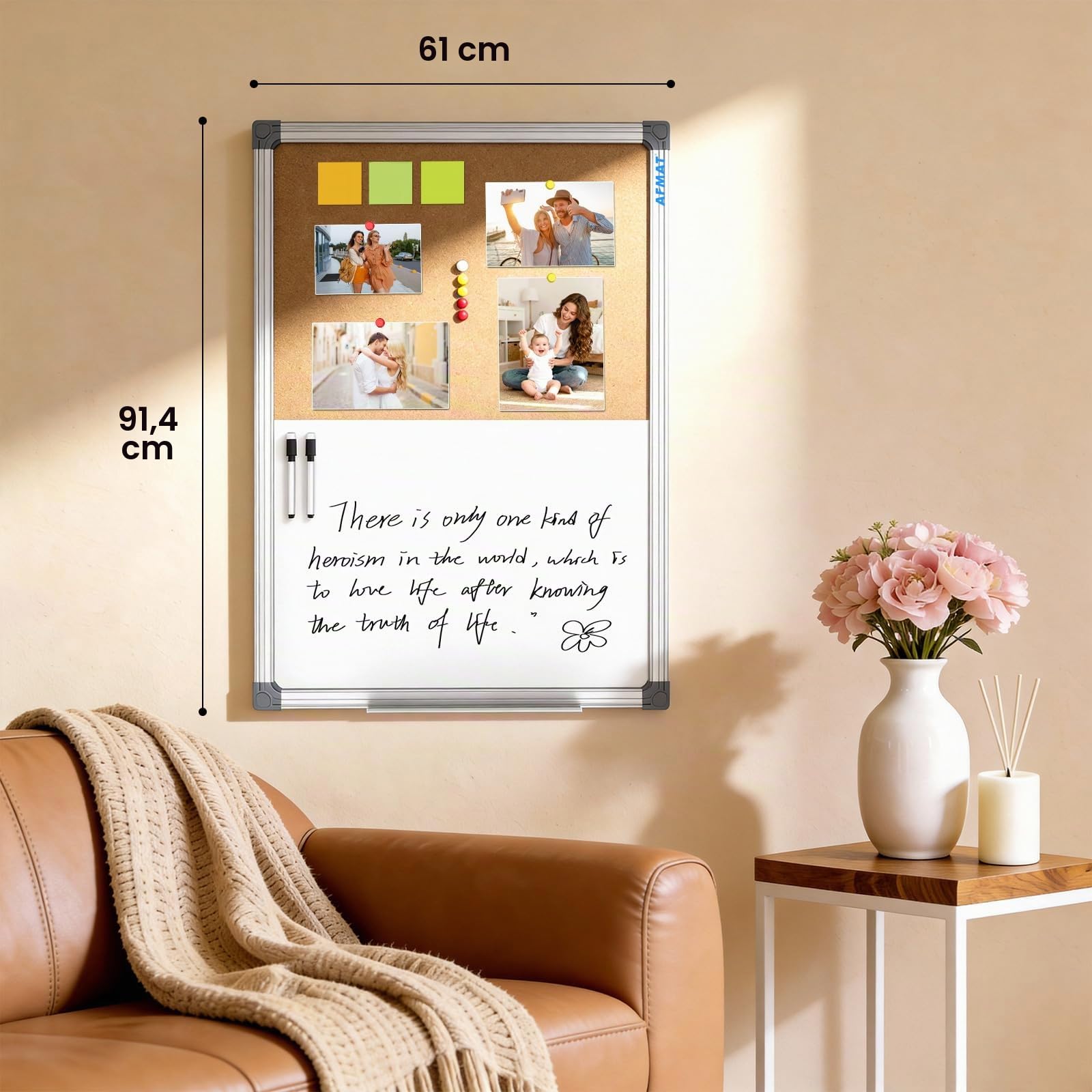 AFMAT Kombitafel Kork-Pinnwand Whiteboard Kombination 60x90 cm, Trocken Abwischbare Magnettafel und Korktafel,Magnetische,Magnettafel White Board Korktafel Kombination für Büro,Homeoffice,Schule,Küche