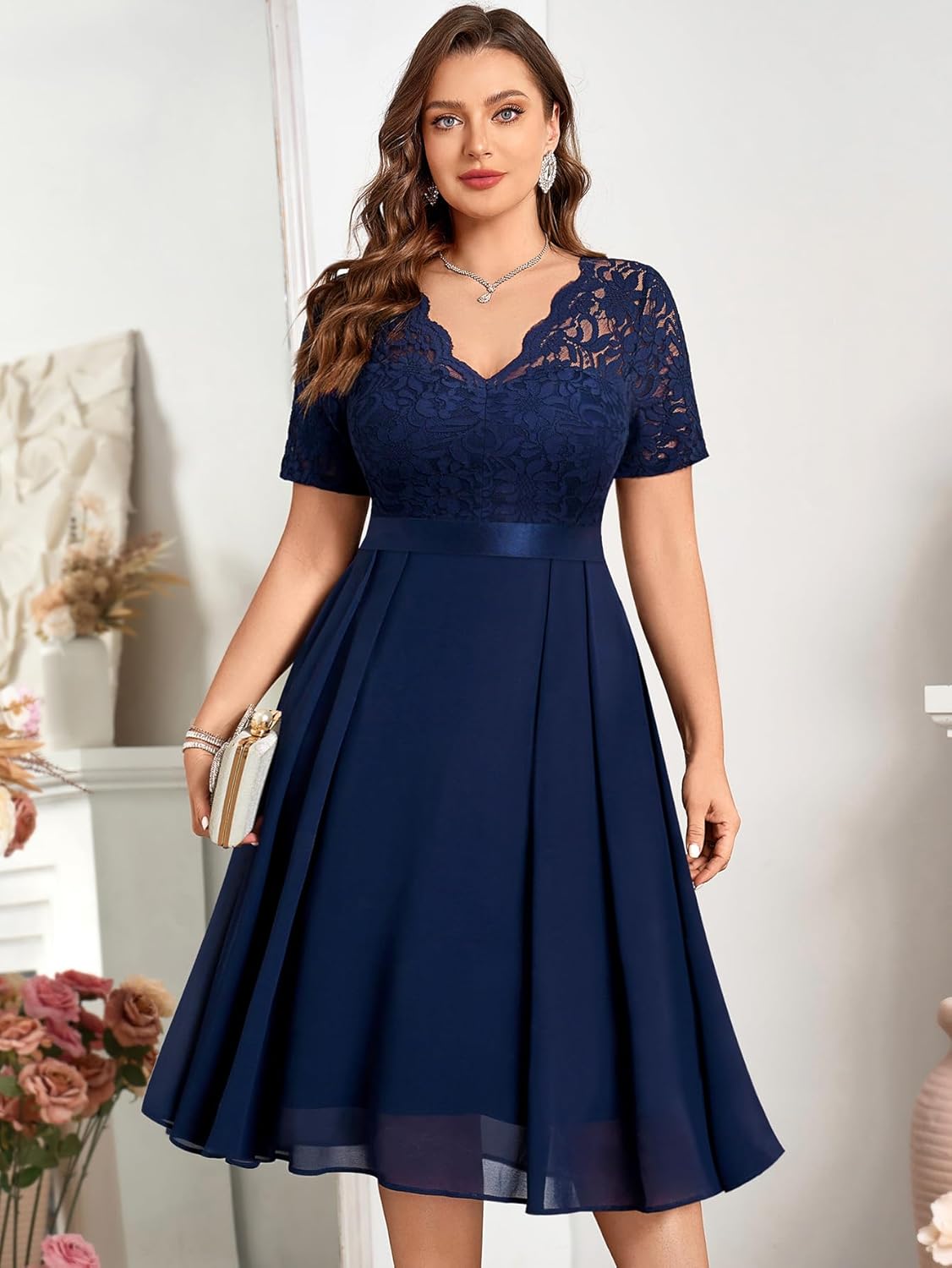 MISSMAY Women's Plus Size Lace Contrast Chiffon V Neck Flowy Cocktail Wedding Guest Midi Dress - Image 3