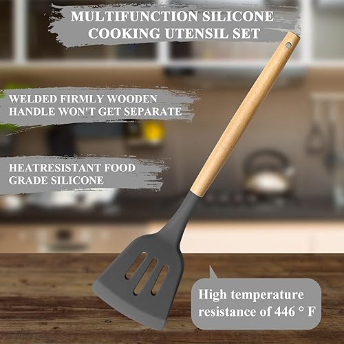 Miniatura 3 de HaWare Juego de utensilios de cocina de silicona, 10 piezas de utensilios de cocina antiadherentes con mango de madera, sin BPA, resistente al calor