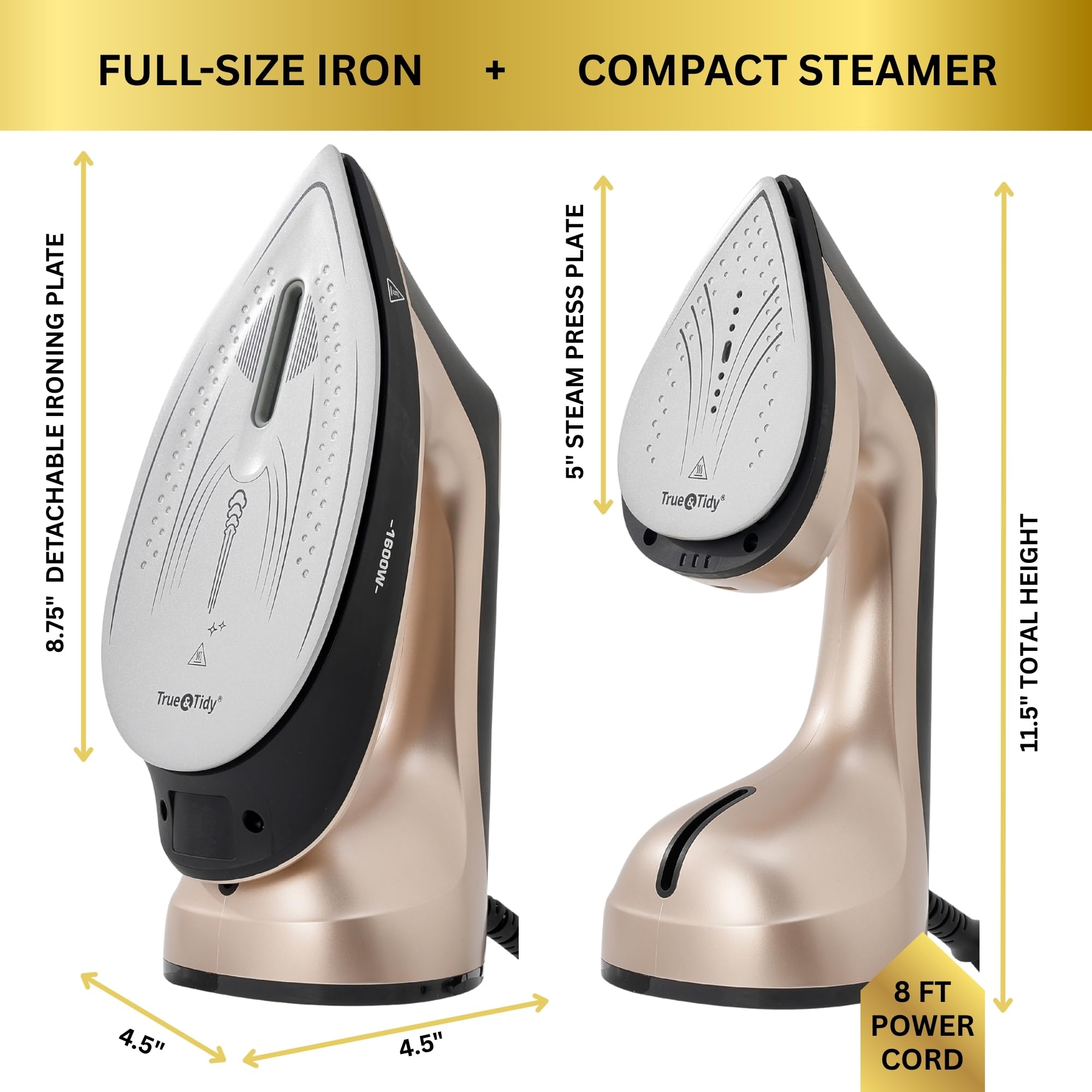 True & Tidy DuoPress XL 2 en 1 - Vapor y plancha de vapor de 1600 W, placa de cerámica grande, control inteligente de temperatura, 3 modos de vapor