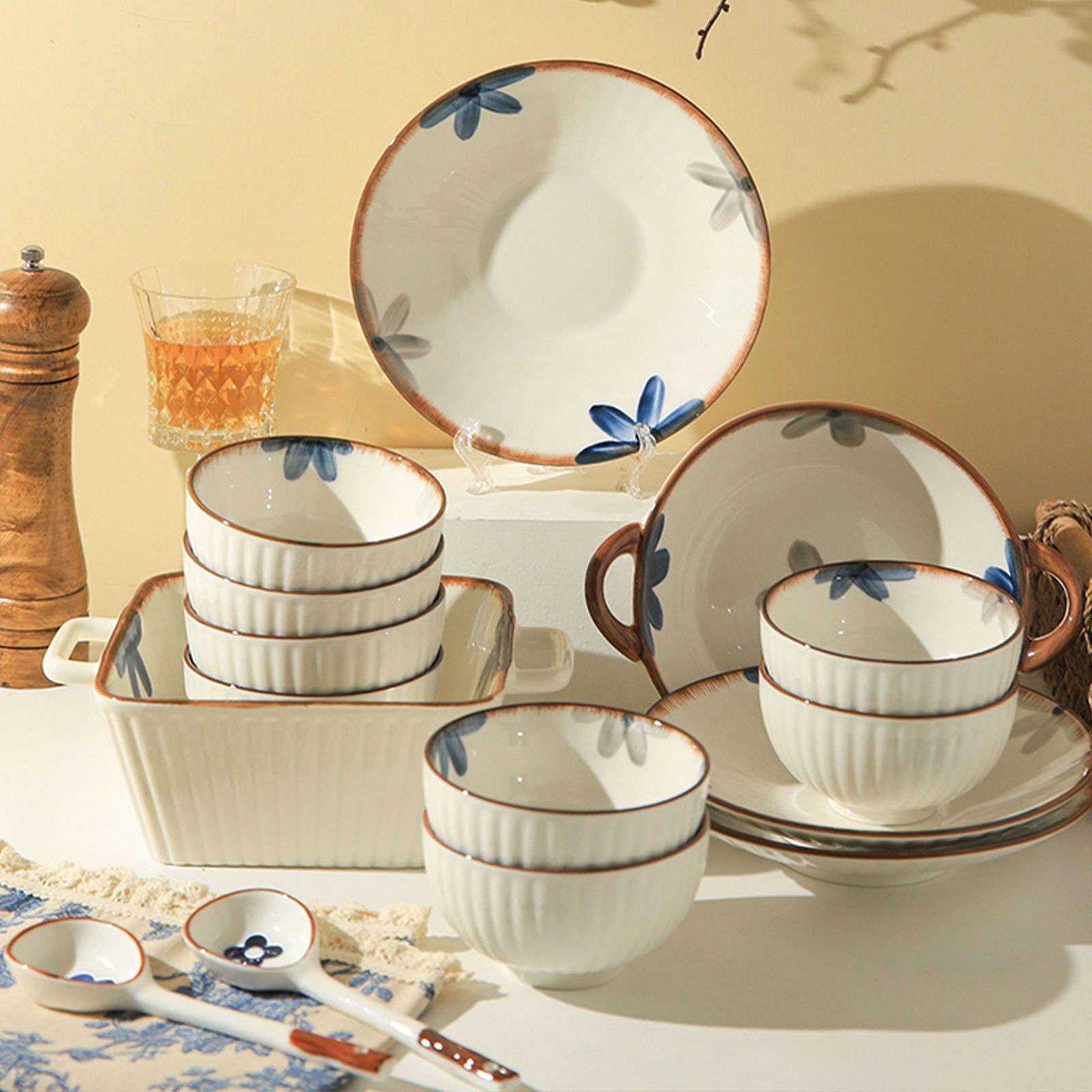 Zestaw ceramicznych misek do zupy i sałatki, nadają się do kuchenki mikrofalowej, miski Udon i Ramen, duży, prostokątny design, do Pho, wszechstronne naczynia kuchenne, 22 x 18 x 8 cm