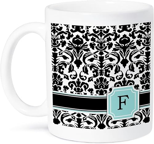 Miniatura 9 de 3dRose Letra F personal monograma azul menta blanco y negro patrón de damasco  elegante inicial personalizada  Taza negra de dos tonos, 11 onzas