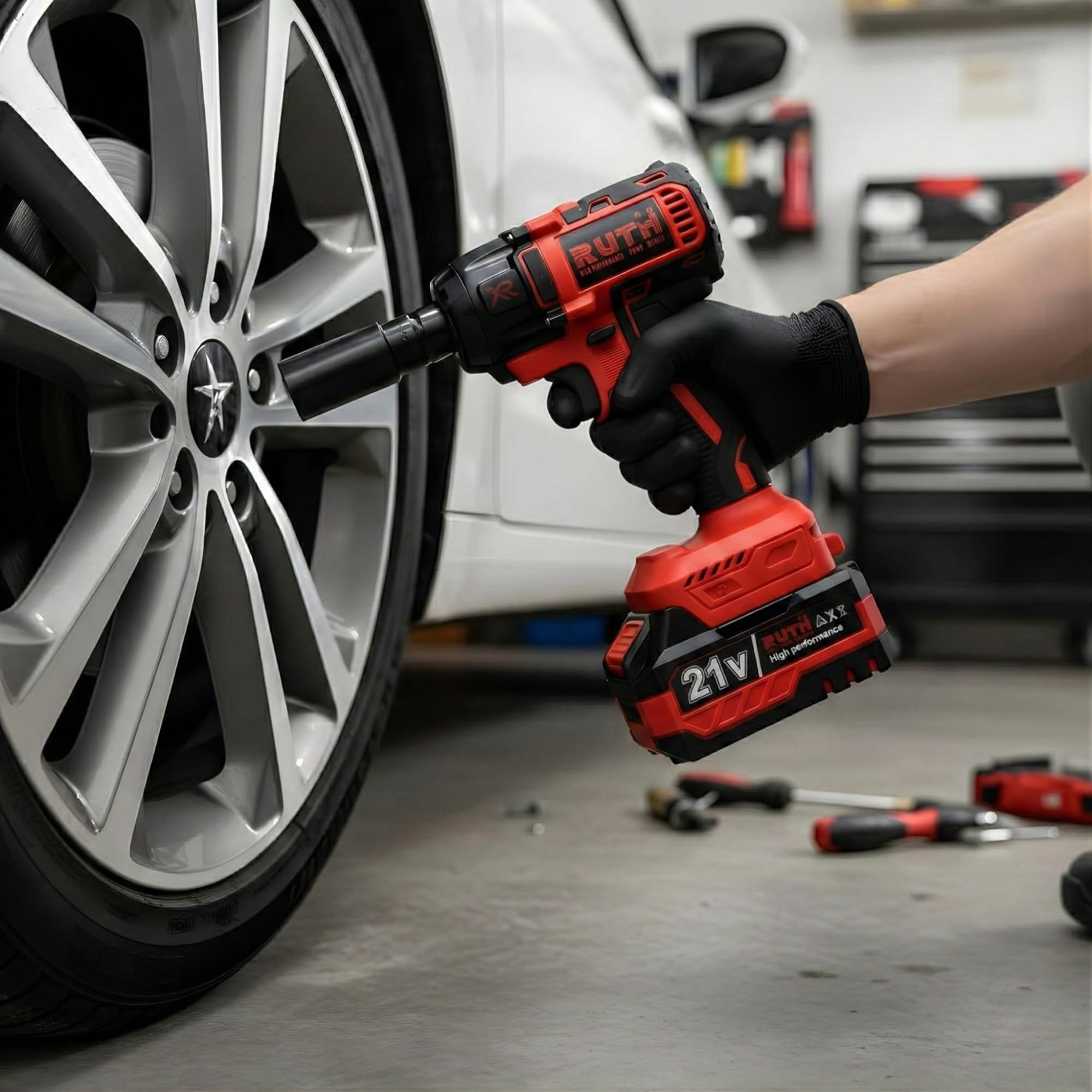 RUTH 21V Cordless Brushless Impact Wrench Set, 450Nm Max Torque, 1/2" Drive, 2x Lithium Batteries, Charger, Socket Set & Drill Bits β Variable Speed, Carrying Case Included 3
