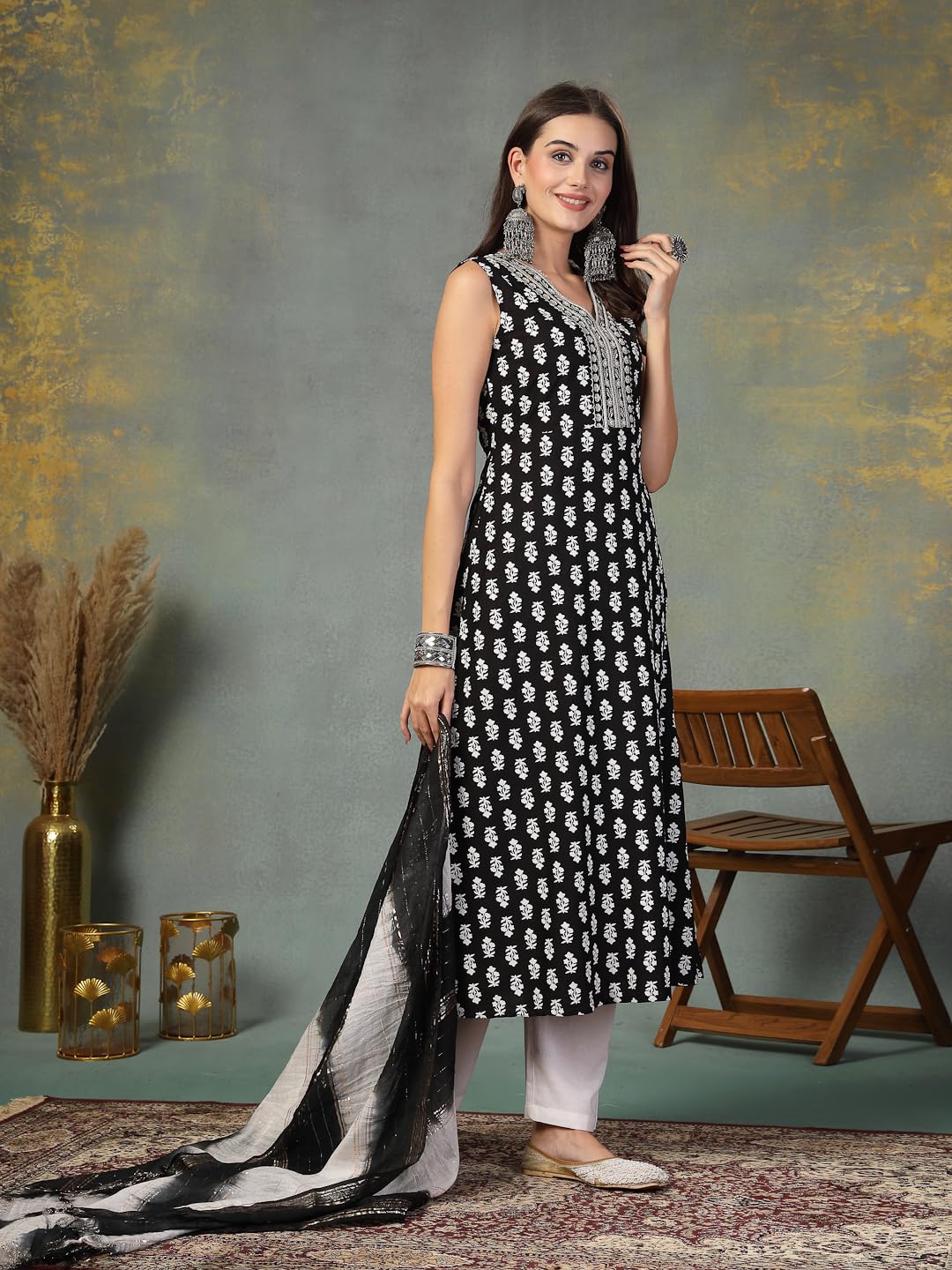 Stylum Women's Printed & Embroidered Rayon A-Line Kurta Dupatta Set (Kdblackmoko42_Black, Xl)