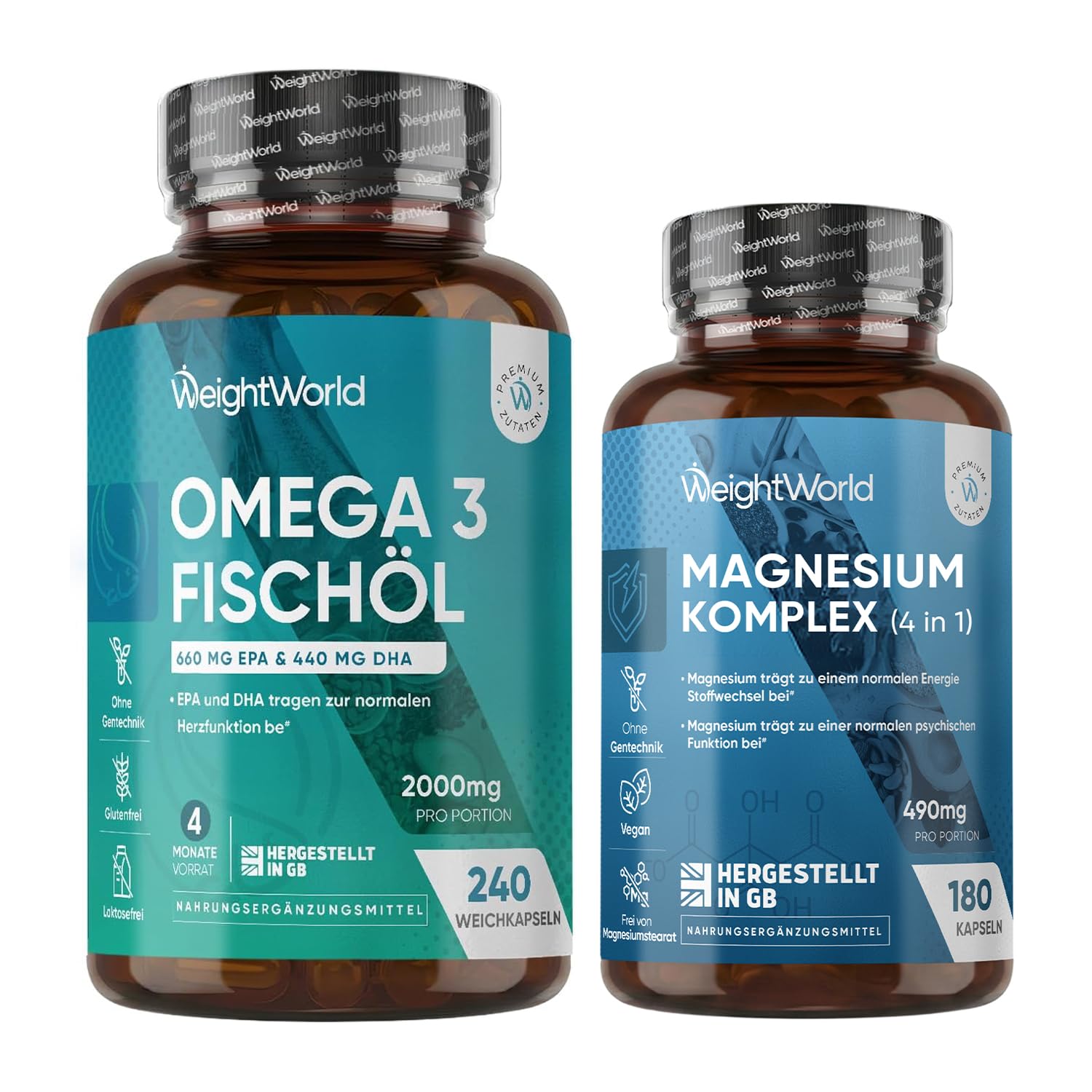 Magnesio Complex 400mg + Omega 3 2000mg - Pack Diario de Aceite de Pescado (660mg EPA + 440mg DHA) y Magnesio Elemental de 4 Tipos (Citrato, Bisglicinato, Malato y Taurato)