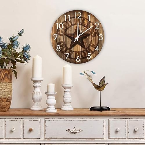 Miniatura 3 de Reloj de pared de granja con estrellas del oeste de Texas, silencioso, funciona con pilas, reloj antiguo de madera occidental para decoración de