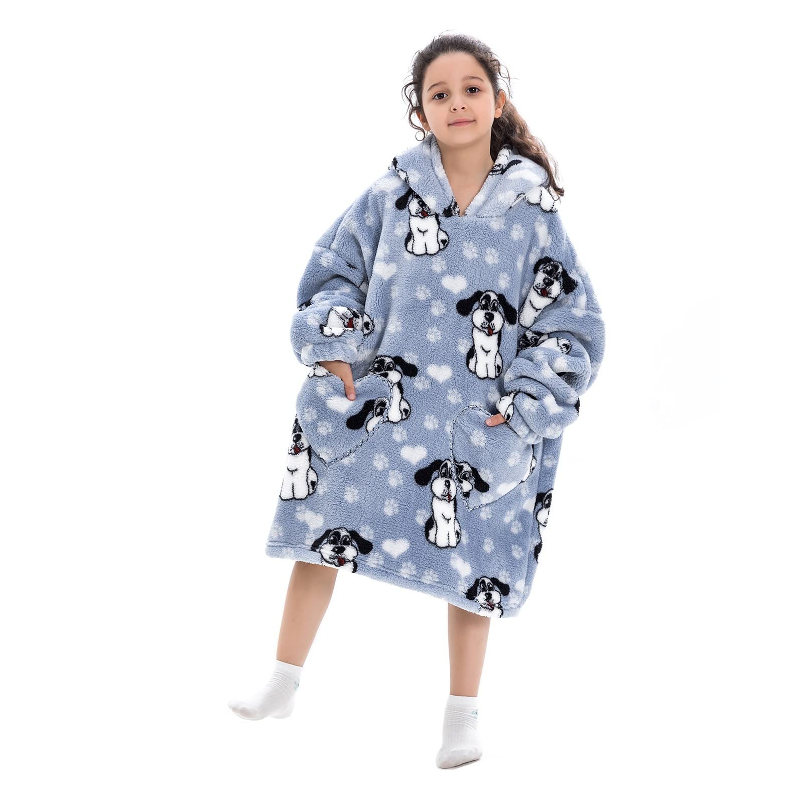 Puimentiua Hoodie Blanket Hoodie Kids Wearable Oversized Hoodie Boys and Girls Fleece Blanket Comfort Fluffy Hooded Sweatshirt with Pocket(Big Ear Dog), Big Ear Dog, 6-13 Years