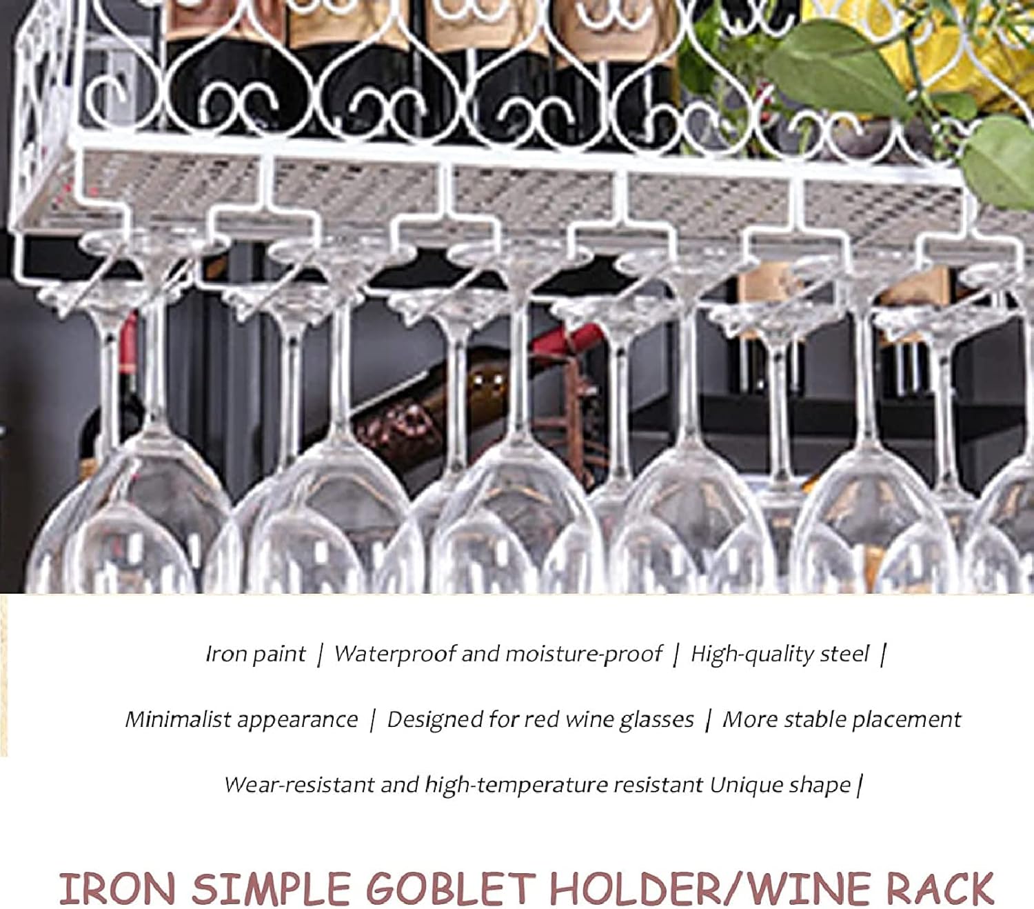 Hanging Wine Glass Holder Ceiling Wine Rack,Adjustable Height,Industrial Metal Wine Bottle Holder,White Stemware Holder,Restaurants/Bars/Home Decorative Storage Shelf