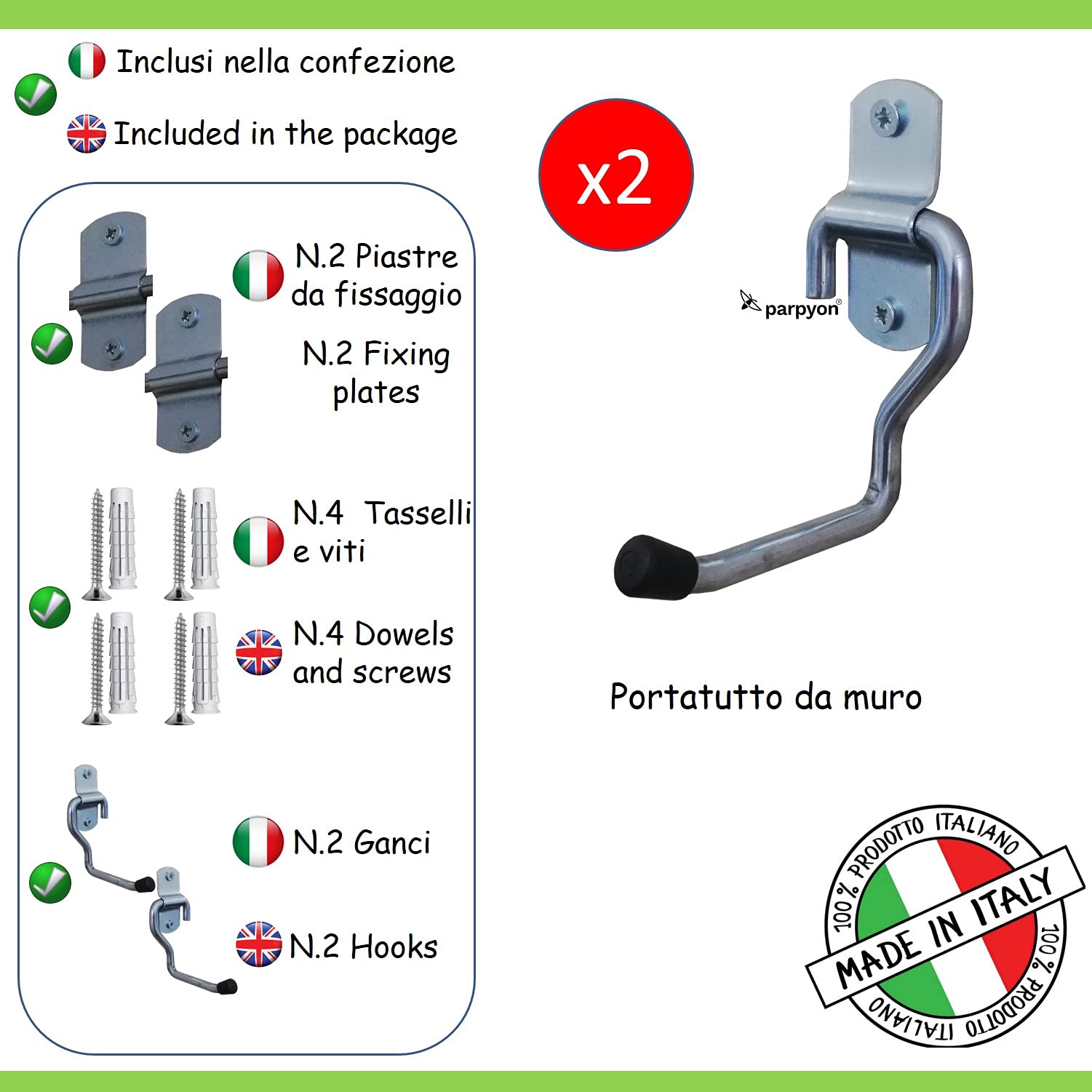 2 Ganci Muro In Acciaio Zincato Per Attrezzi - Supporto Parete Per Garage E Giardino Porta 10kg - Foto 4
