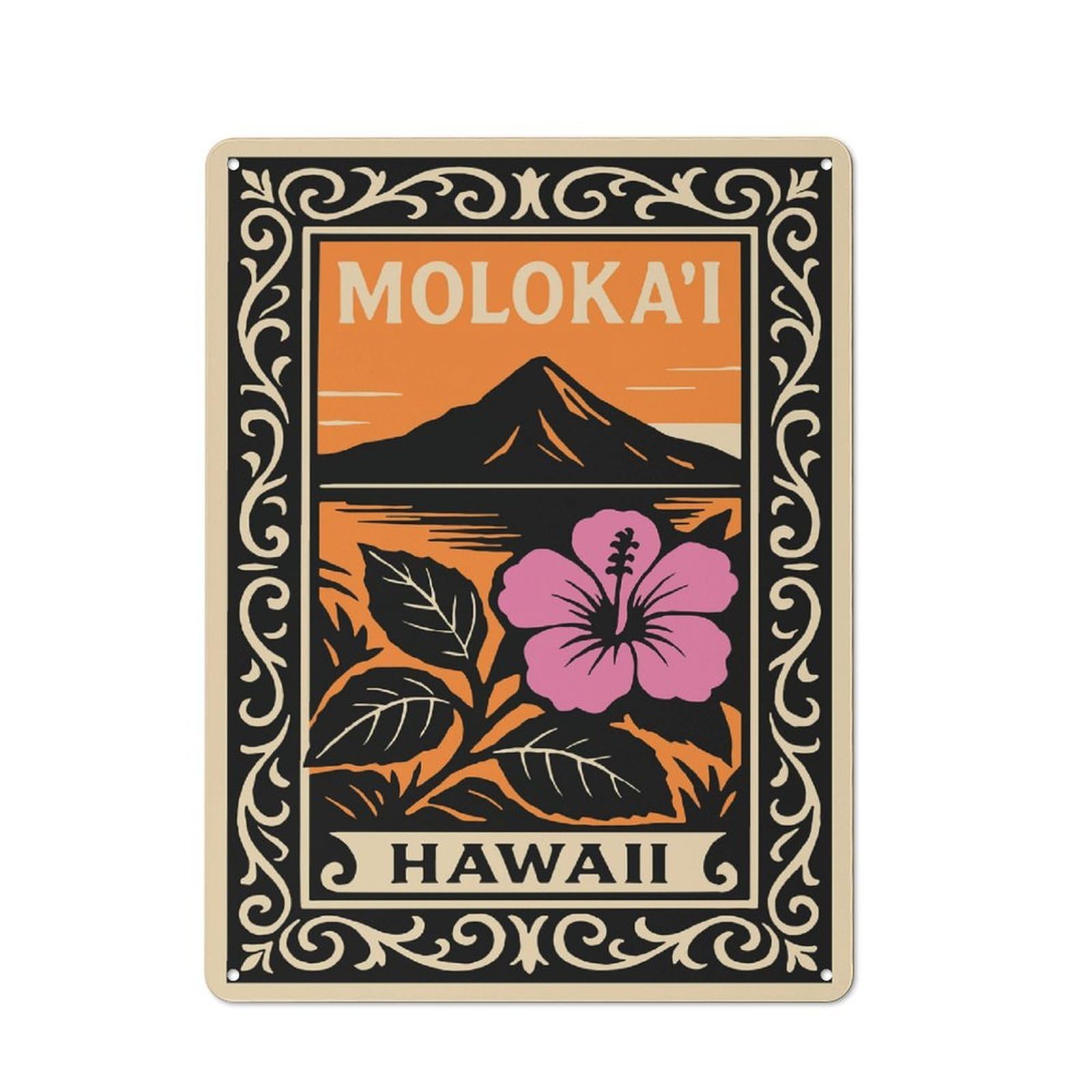 Junmoney Style-9 Retro Molokai Hawaii Hibiscus Landscape Vintage Metal Sign 40X30cm, Room Wall Plaque For Flat, Dorm Room, Lounge Or Cafe